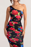 Late Night Black Floral Print Asymmetric One Shoulder Ruched Midi Dress