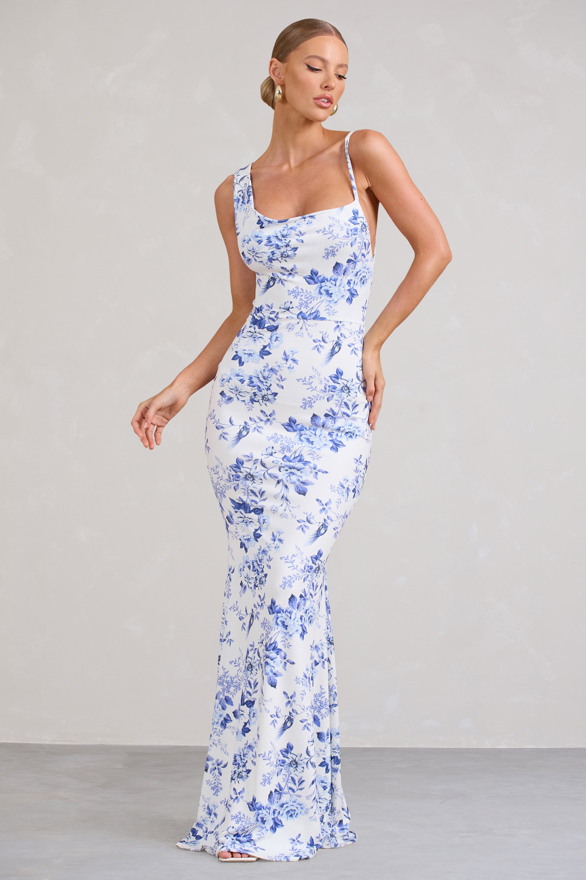 Phantasy Blue Floral Print Asymmetric Neckline Cowl Maxi Dress