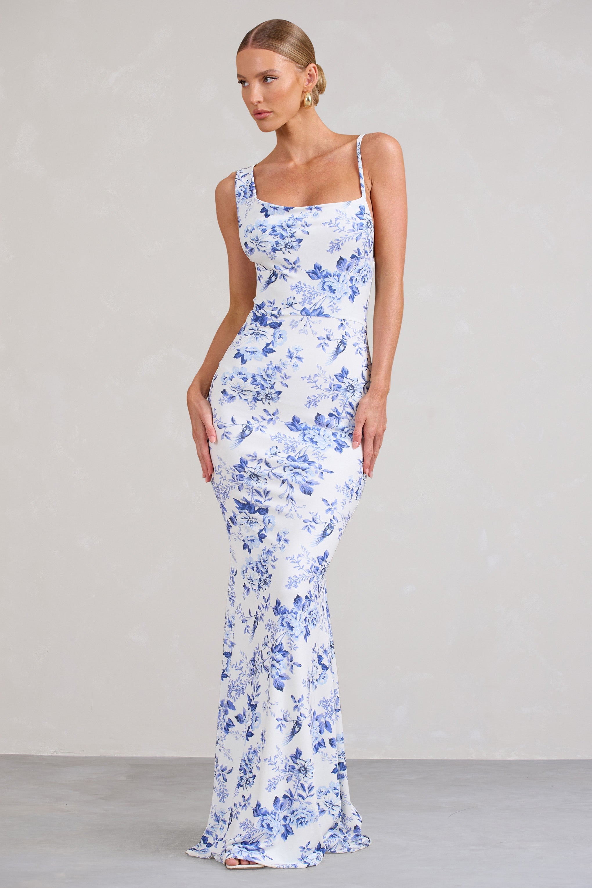 Phantasy Blue Floral Print Asymmetric Neckline Cowl Maxi Dress