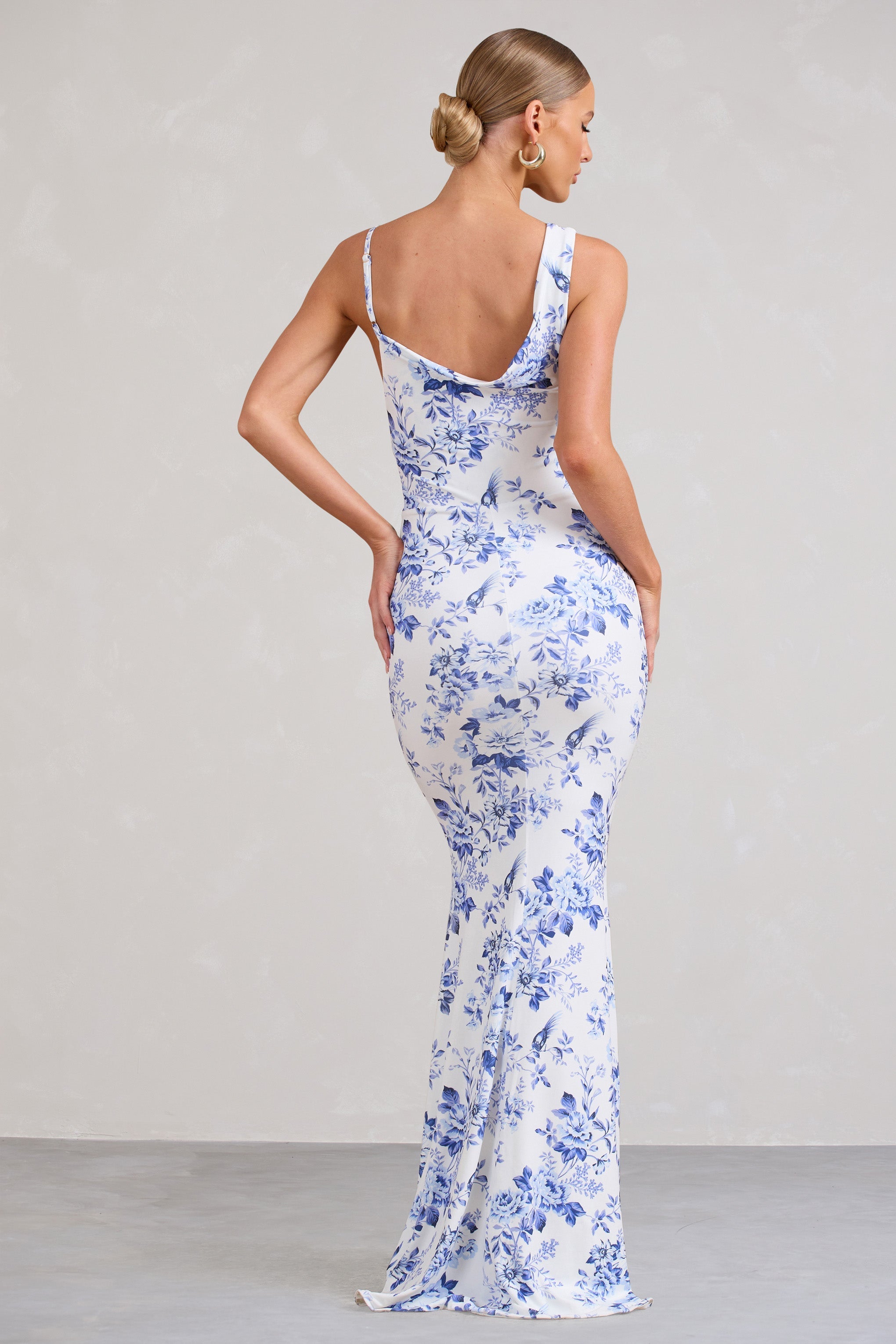 Phantasy Blue Floral Print Asymmetric Neckline Cowl Maxi Dress
