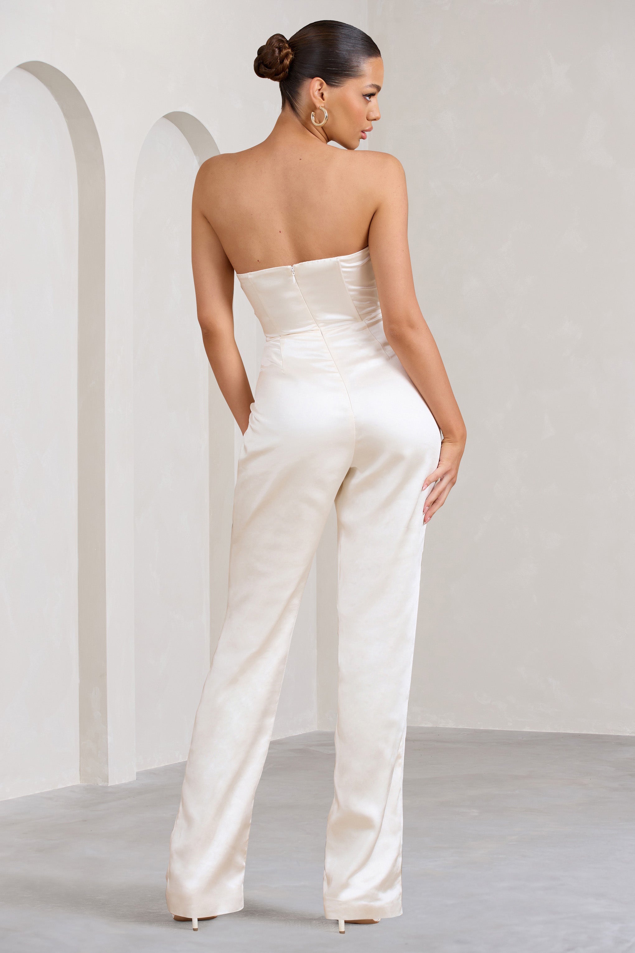 Amiah Cream Satin Strapless Straight-Leg Jumpsuit