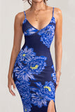 Farah Blue Floral Print Plunge Neck Maxi Dress With Split Detail