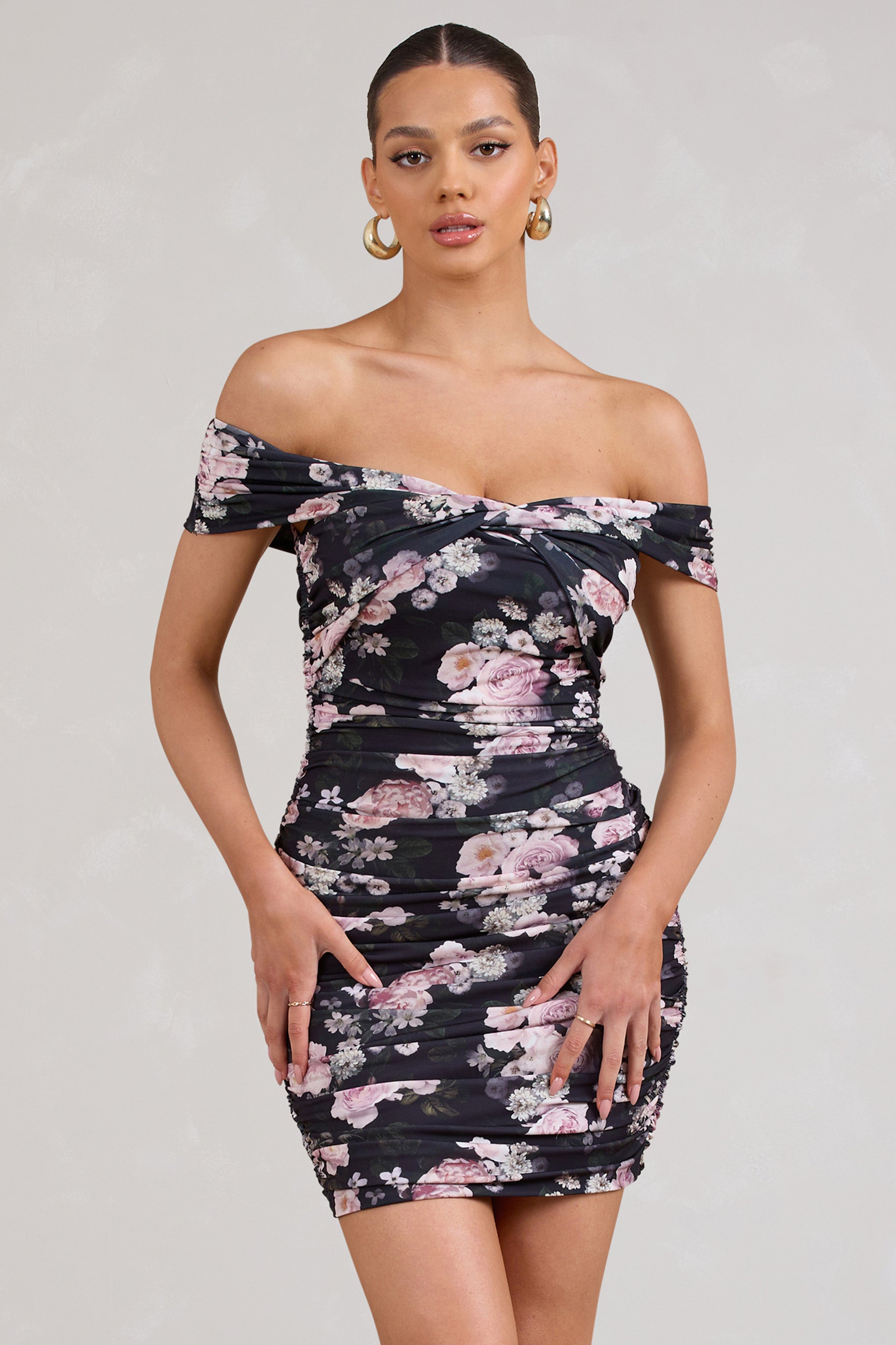 Thorn Black Floral Bardot Bodycon Mini Dress