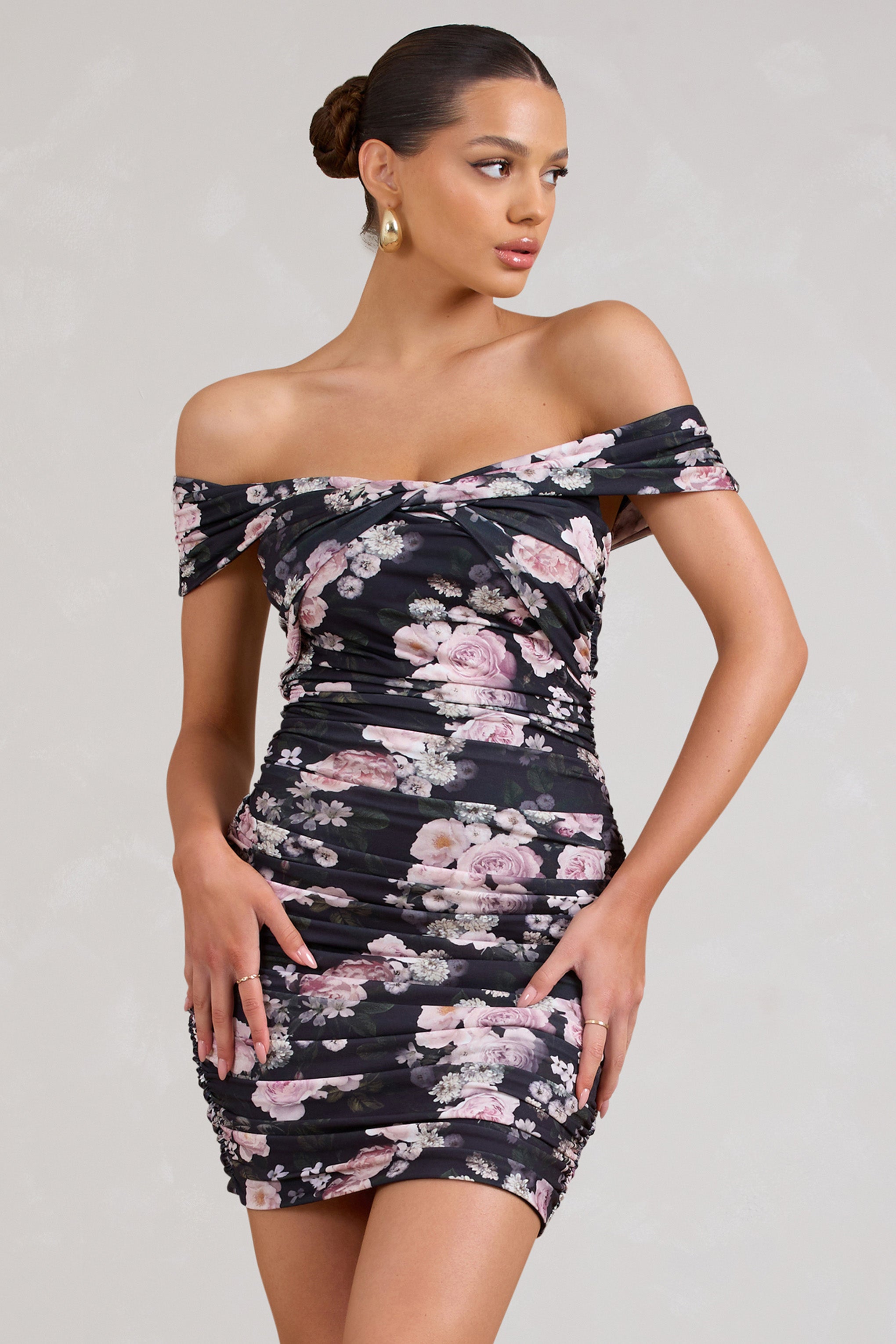 Thorn Black Floral Bardot Bodycon Mini Dress