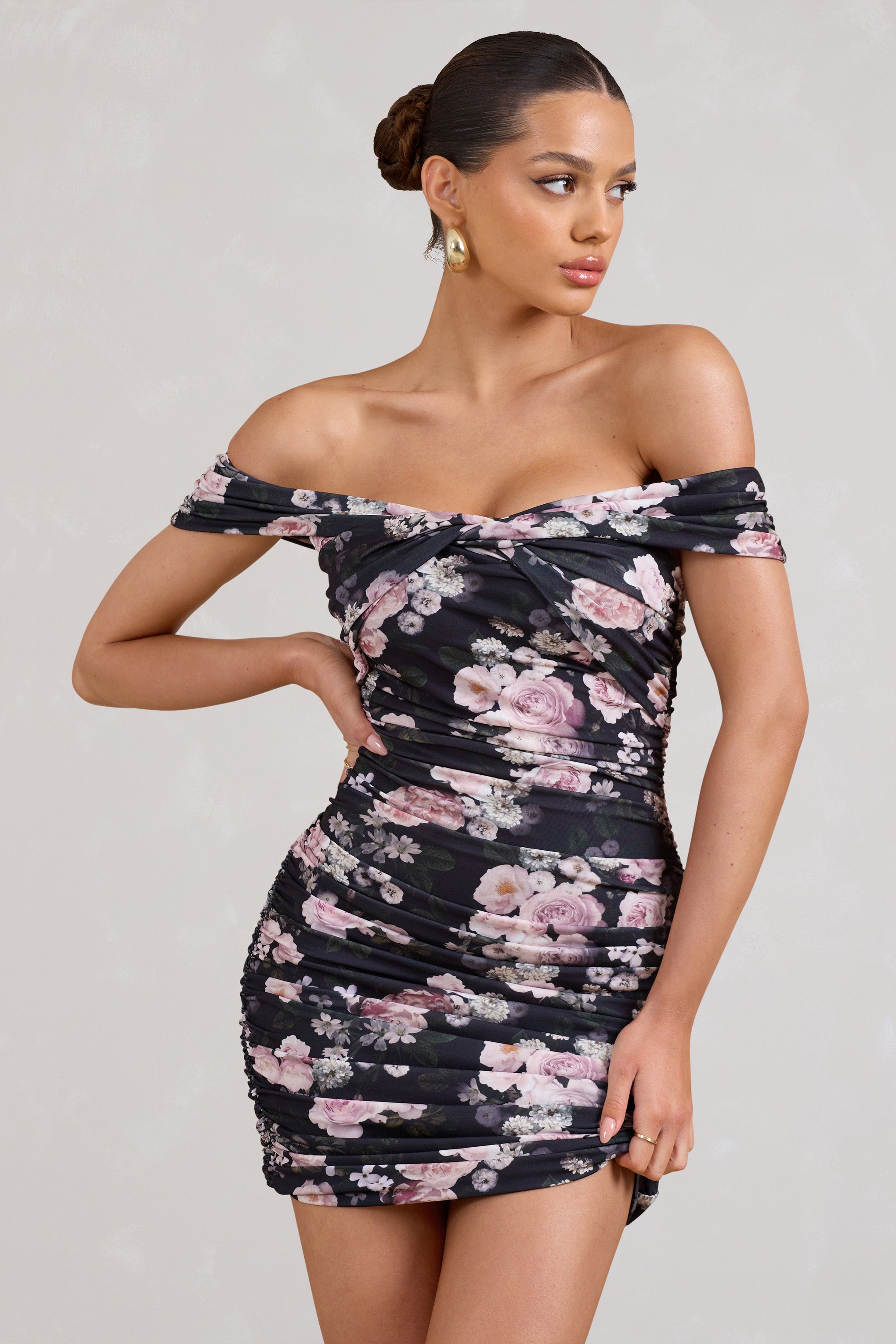 Thorn Black Floral Bardot Bodycon Mini Dress