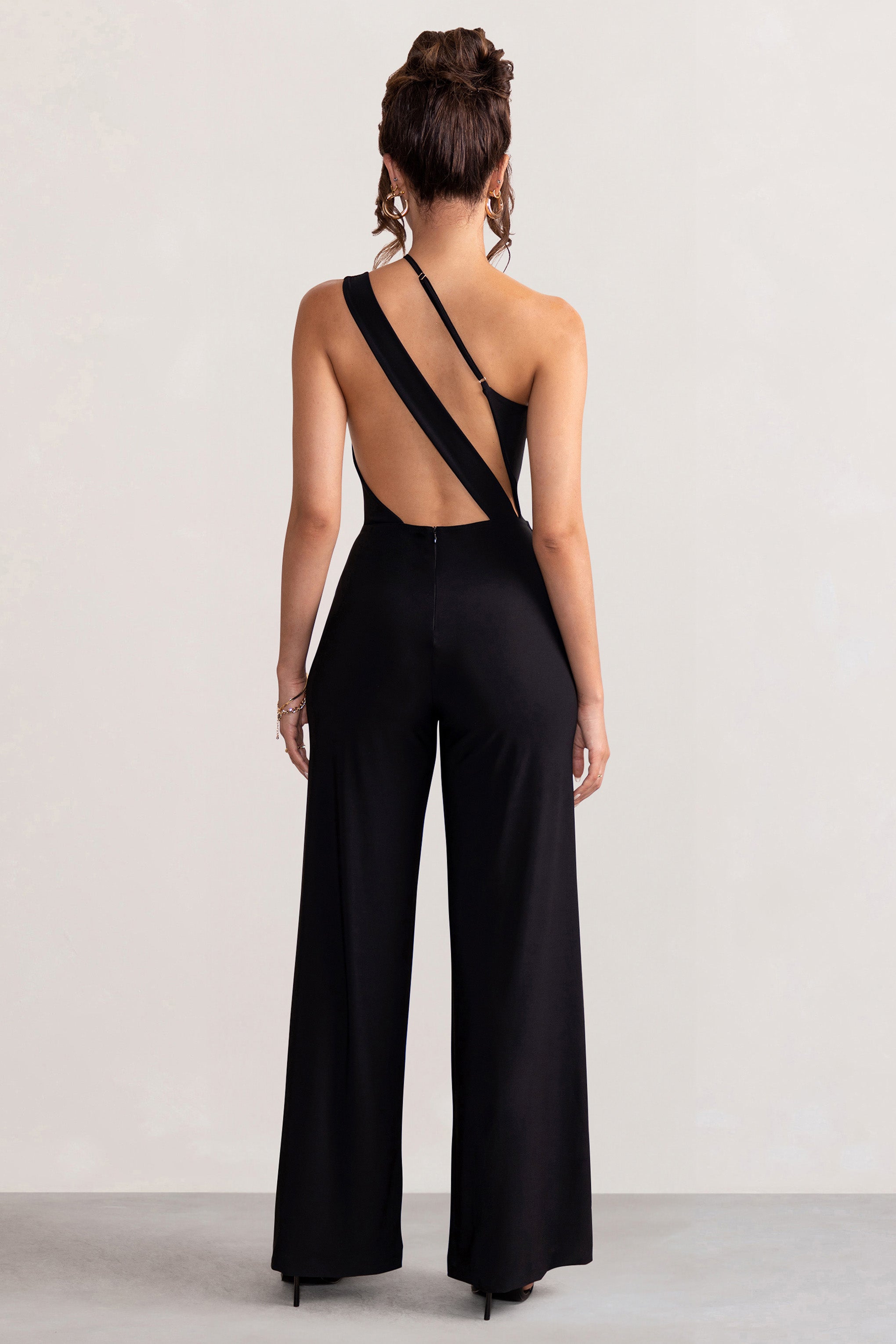 Vienna Black Asymmetric Cowl Neck Wide Leg Jumpsuit With Open Back Detail
