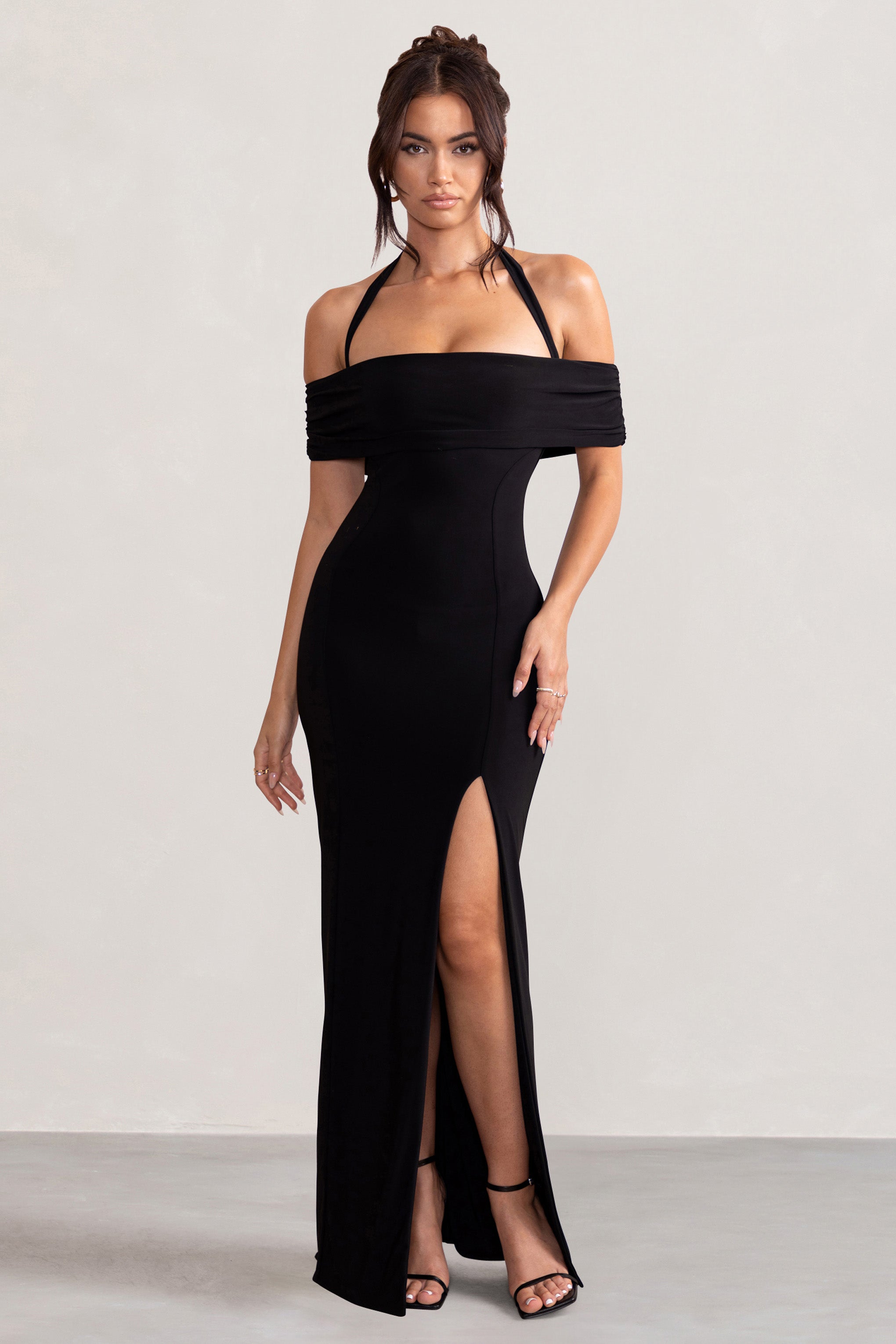 Anisa Black Halter Neck Bardot Maxi Dress With Thigh Split