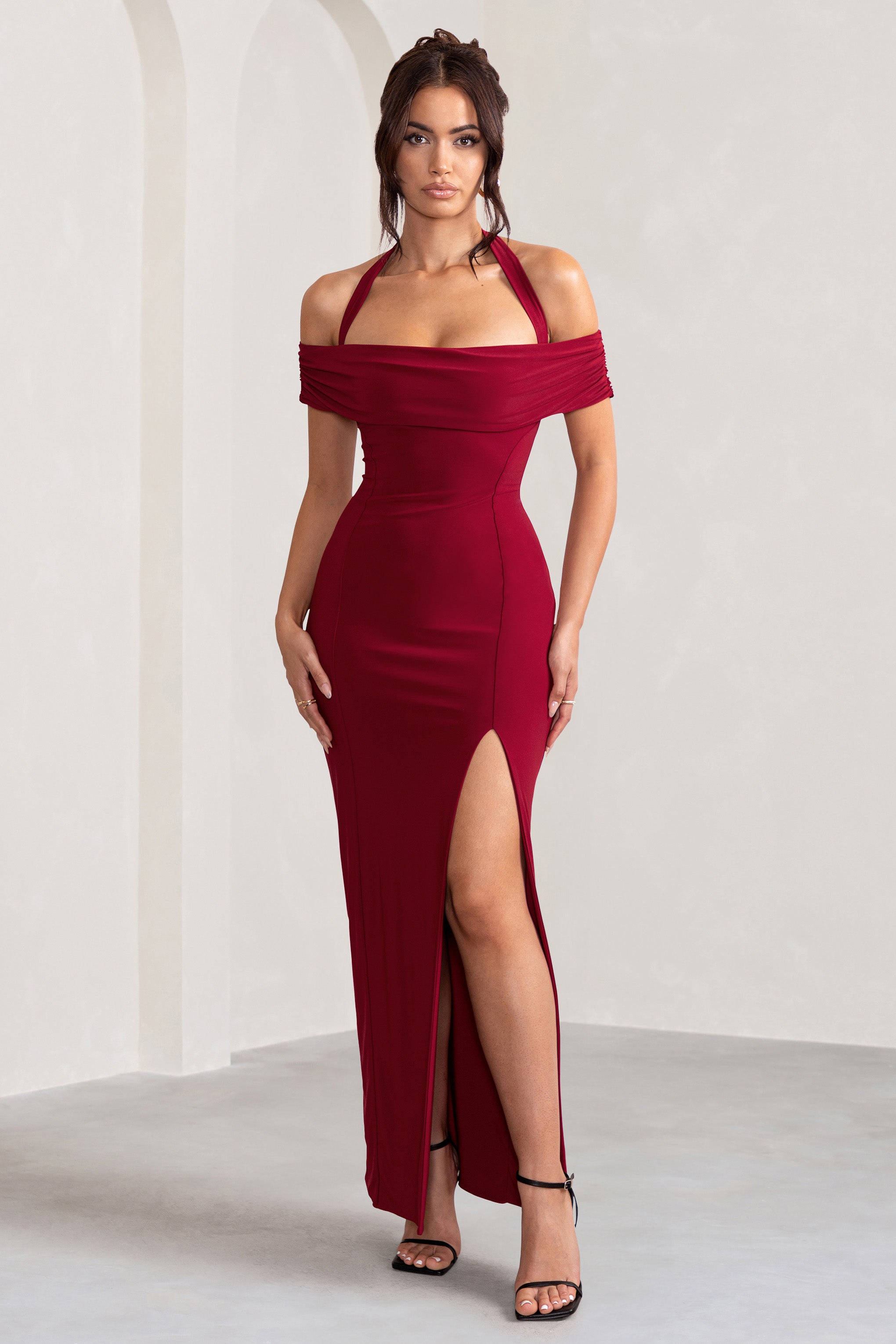 Anisa Burgundy Halter Neck Bardot Maxi Dress With Thigh Split