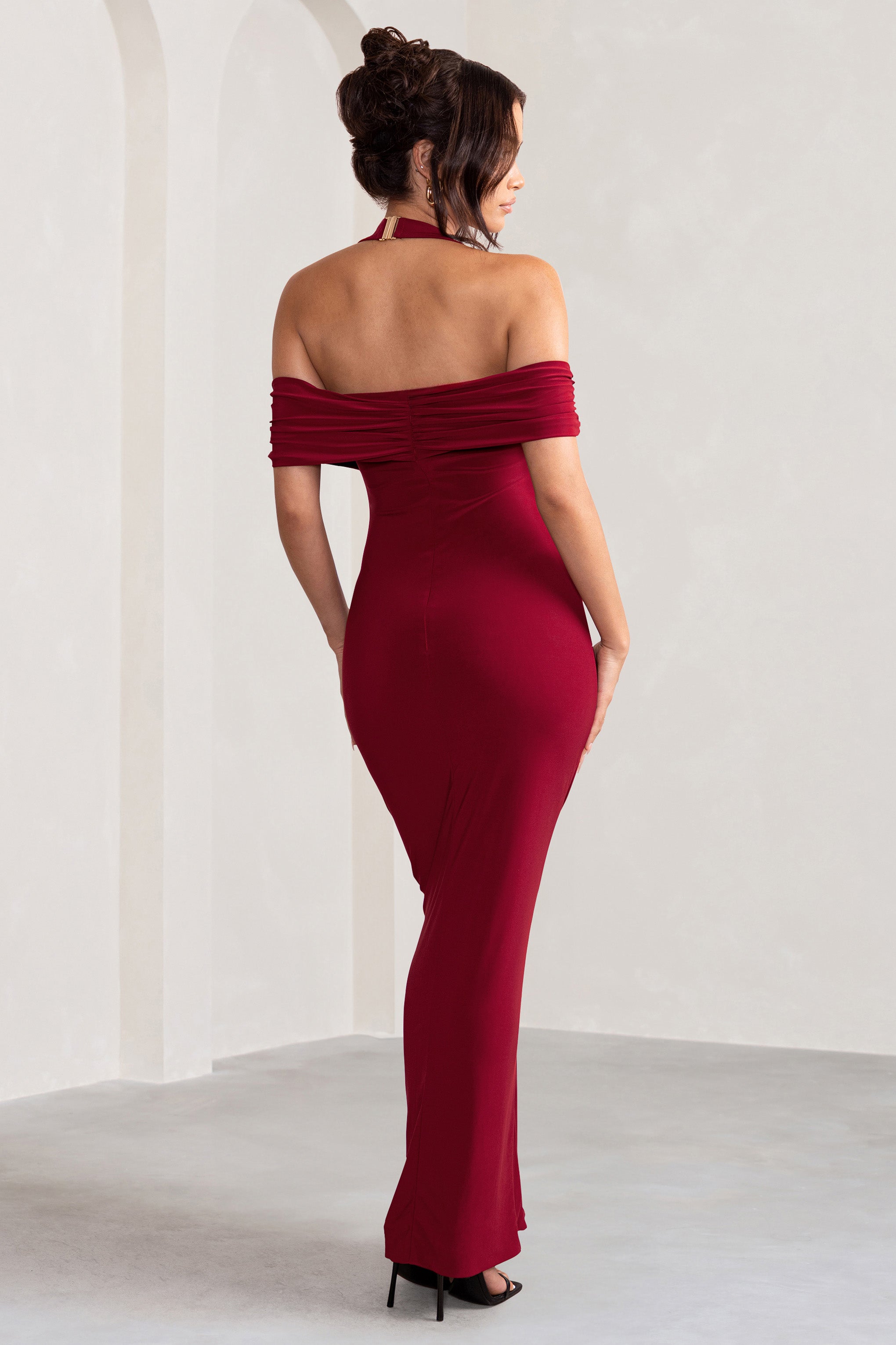Anisa Burgundy Halter Neck Bardot Maxi Dress With Thigh Split