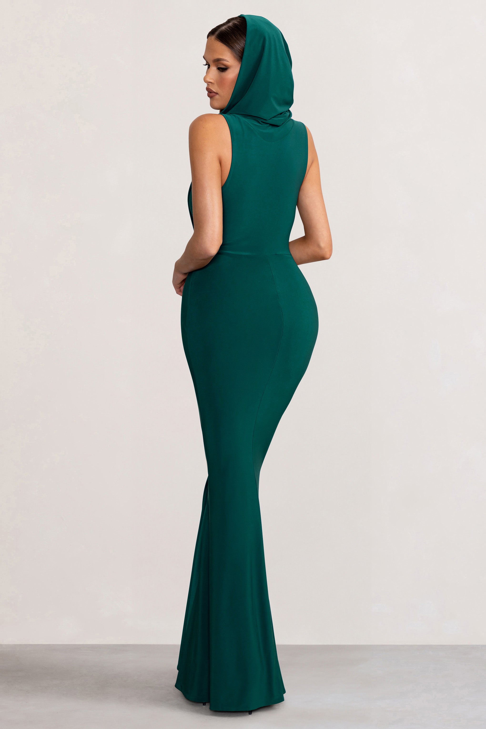 Phoenix Bottle Green Sleeveless Maxi Dress with Hood