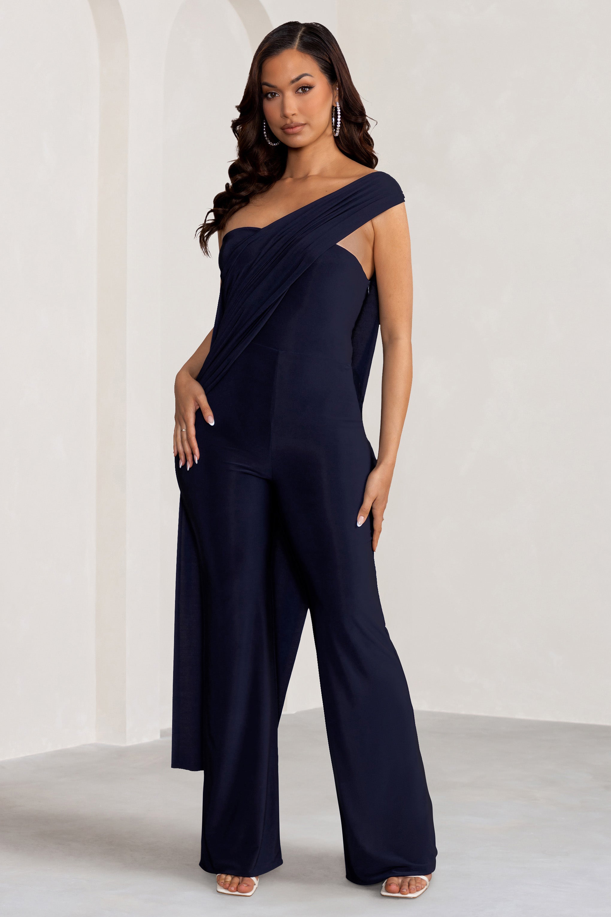 Kendra Navy Asymmetric Bandeau Jumpsuit with Drape