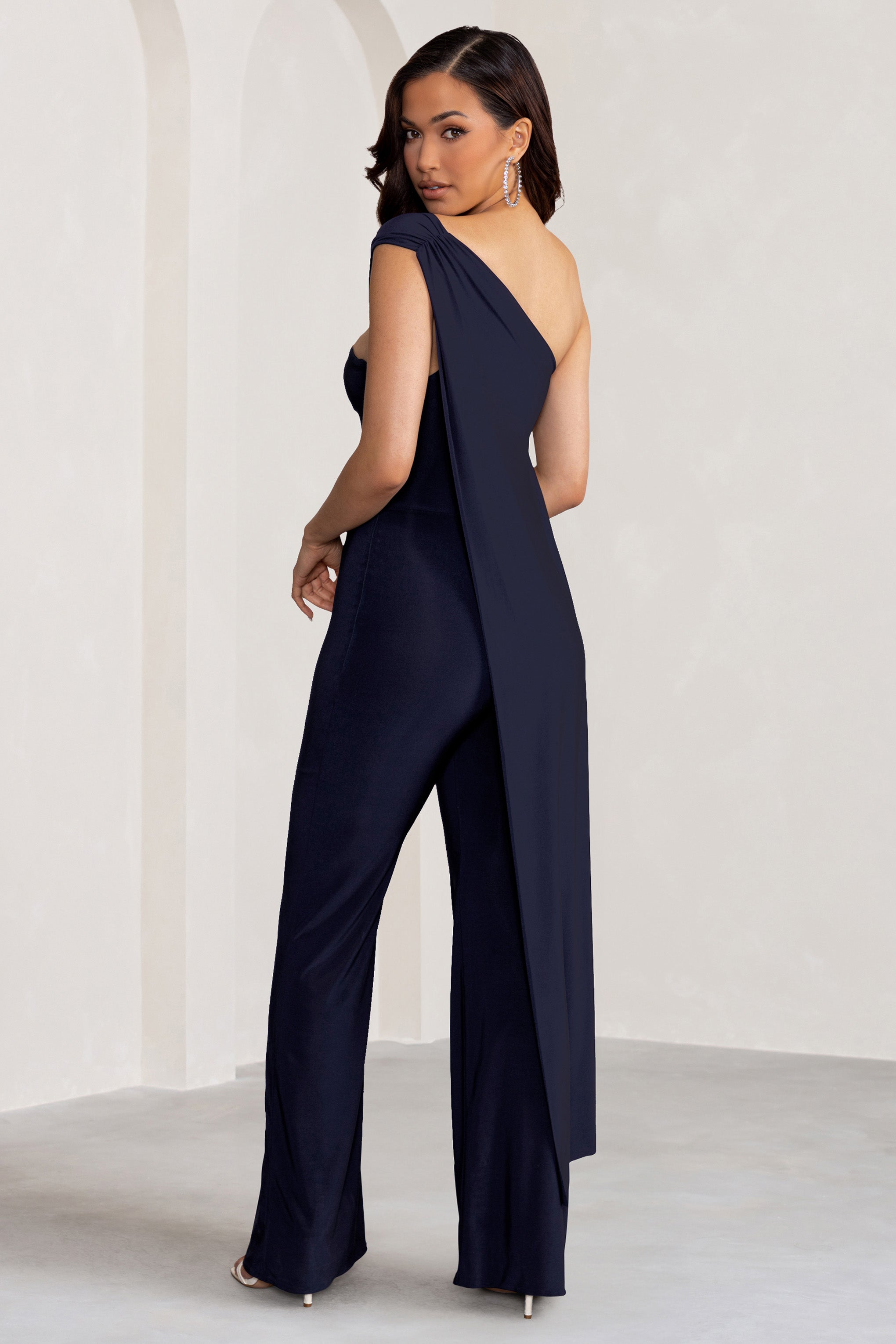 Kendra Navy Asymmetric Bandeau Jumpsuit with Drape
