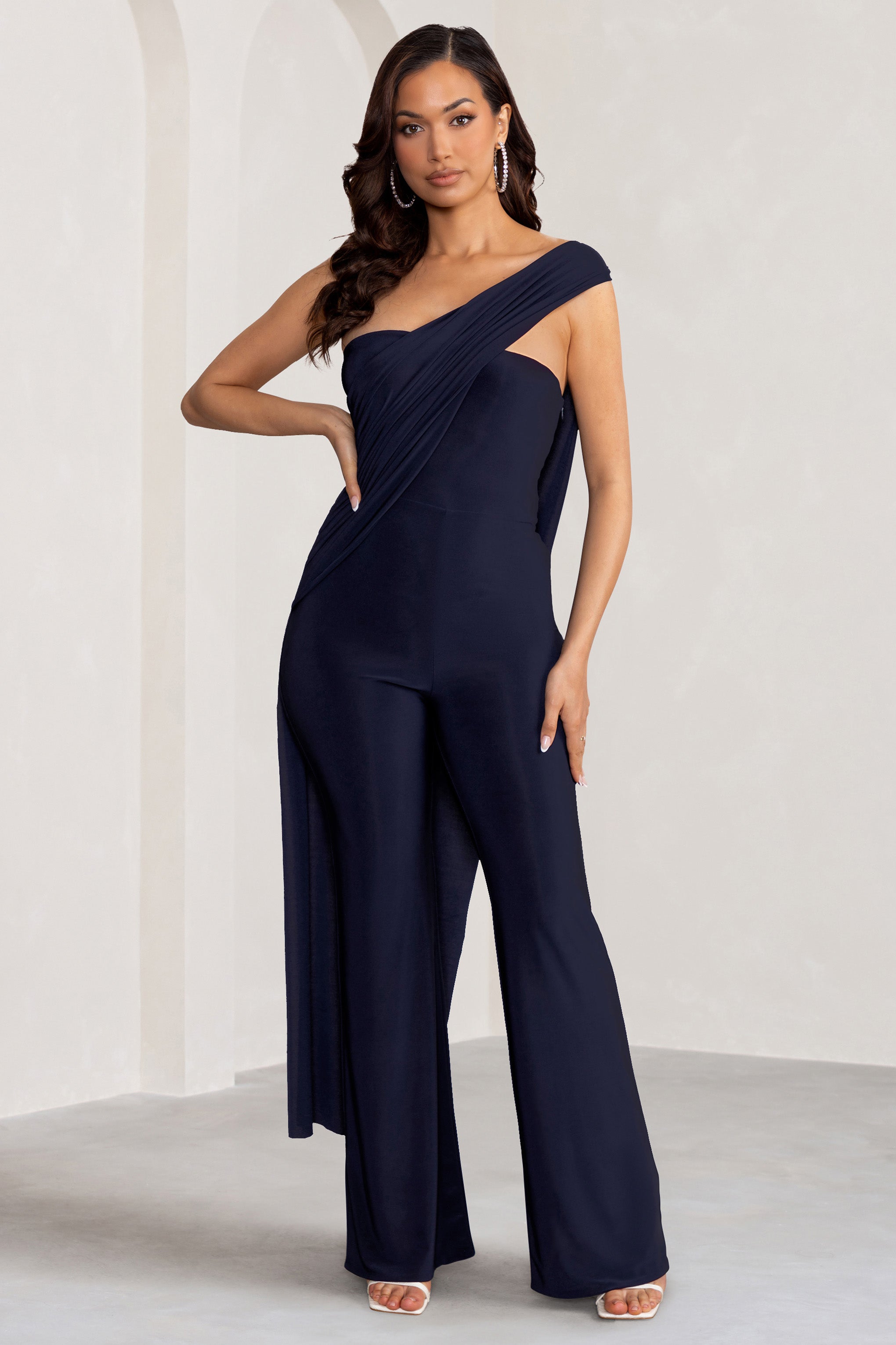 Kendra Navy Asymmetric Bandeau Jumpsuit with Drape
