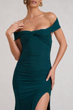 Harmony Bottle Green Ruched Bardot Split Fishtail Maxi Dress