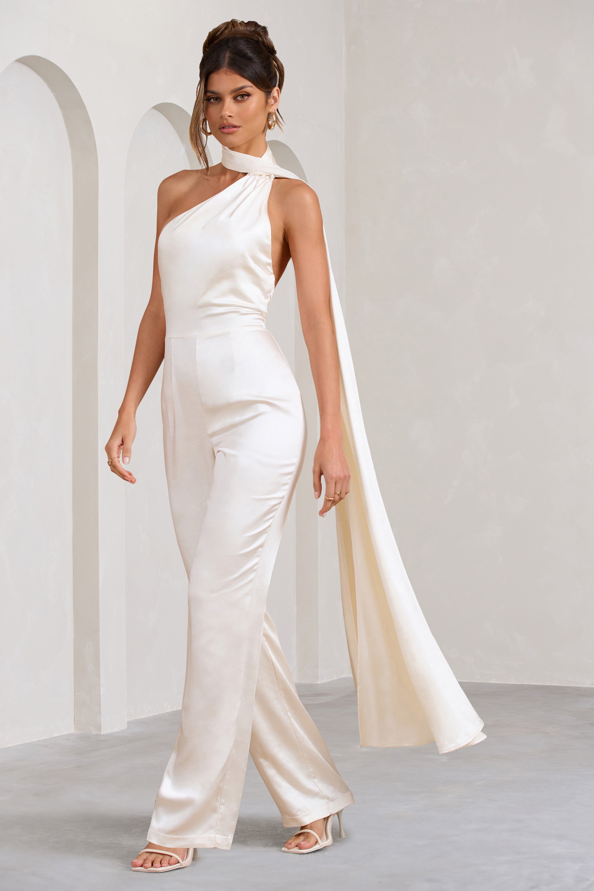 Cascada Cream Satin Halter Jumpsuit With Draped Scarf