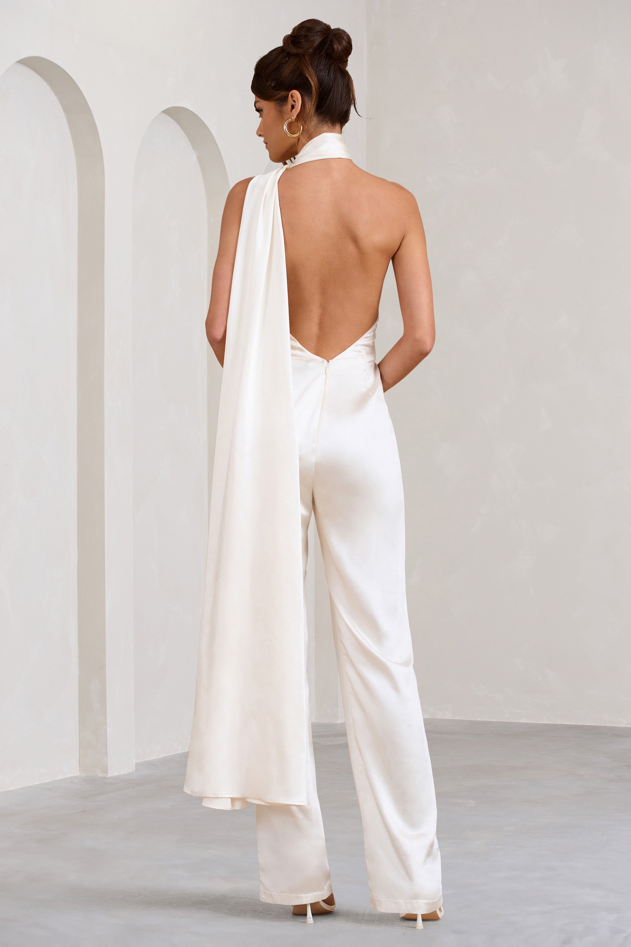 Cascada Cream Satin Halter Jumpsuit With Draped Scarf