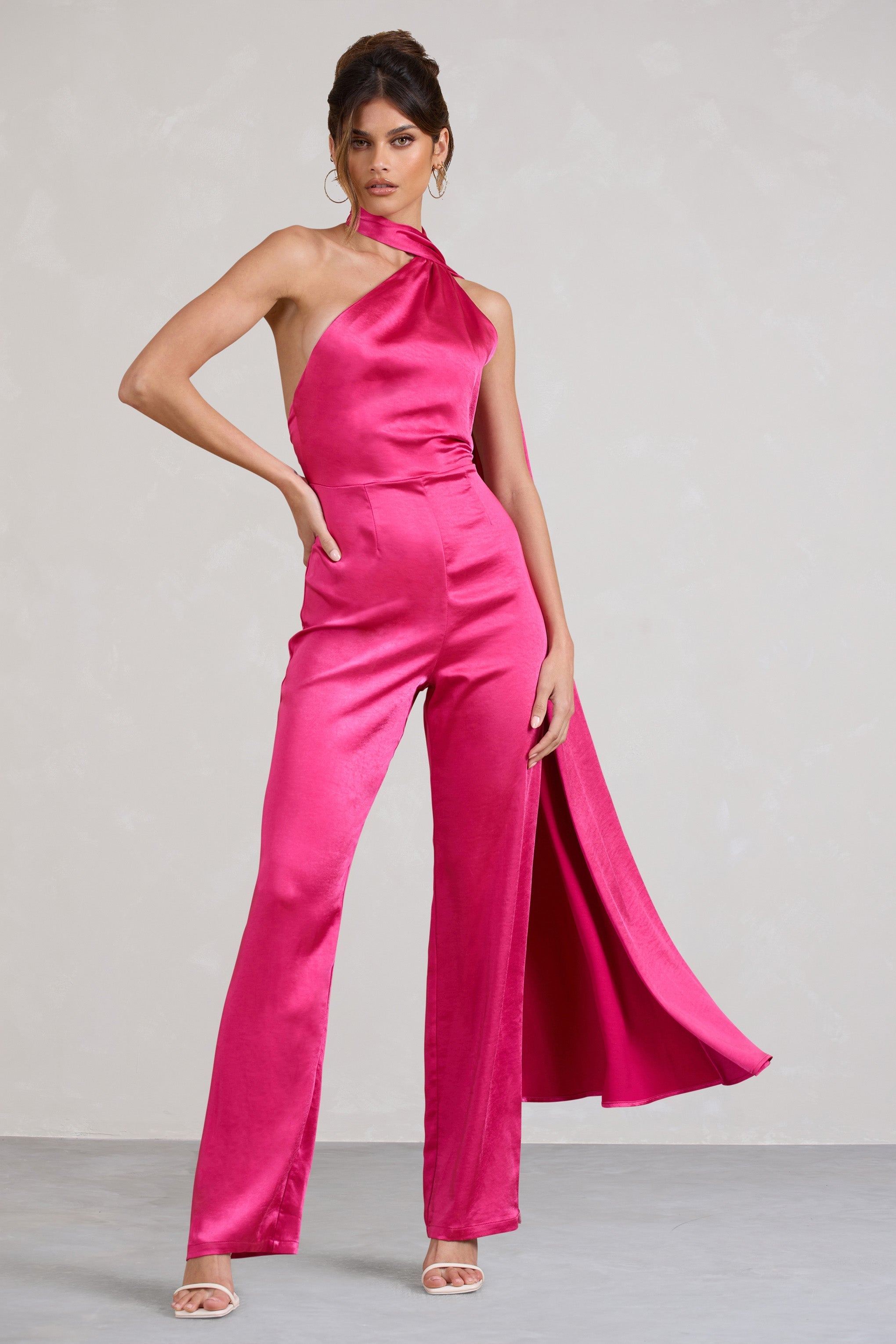 Cascada Hot Pink Satin Wide Leg Jumpsuit With Statement Scarf Neck