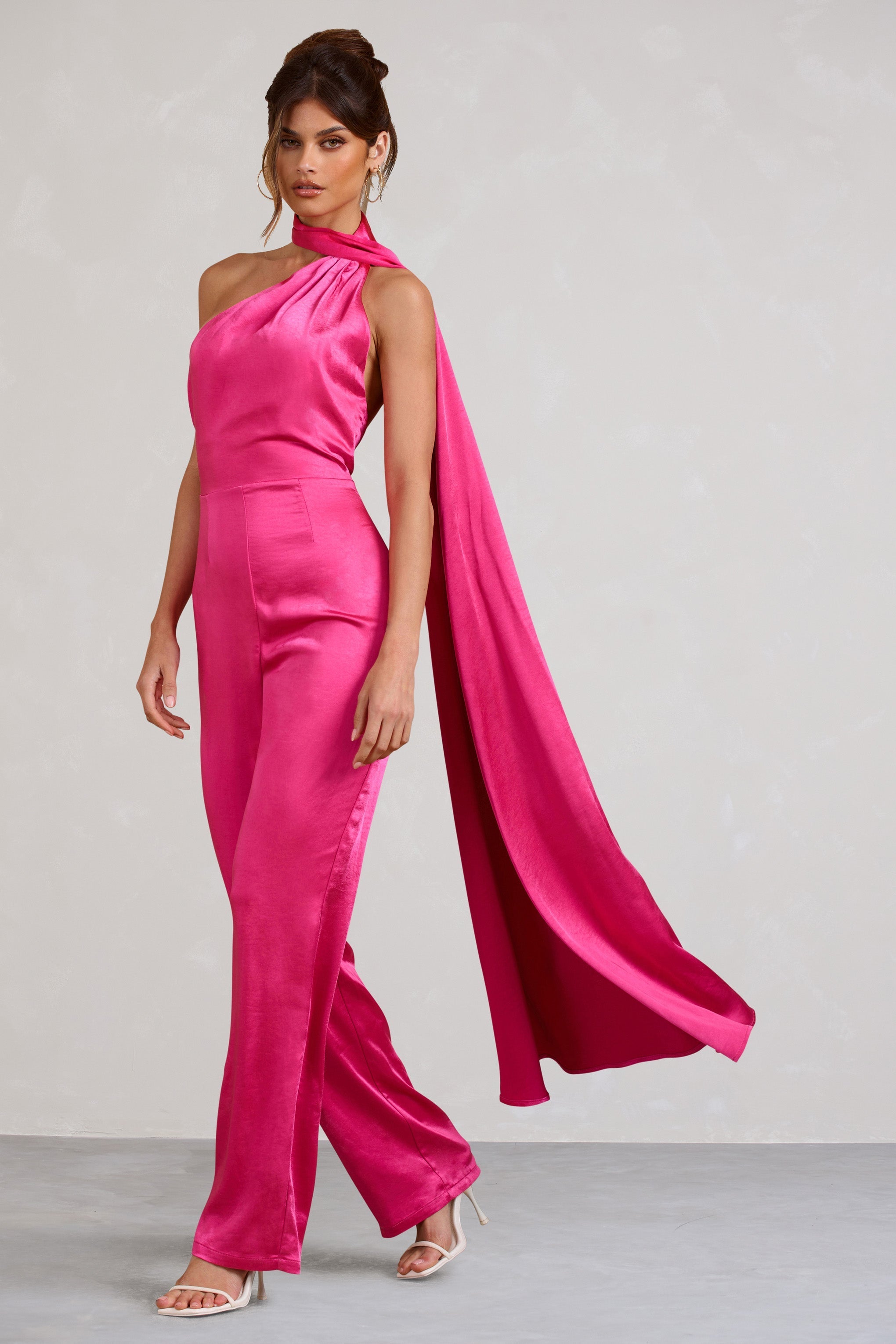 Cascada Hot Pink Satin Wide Leg Jumpsuit With Statement Scarf Neck