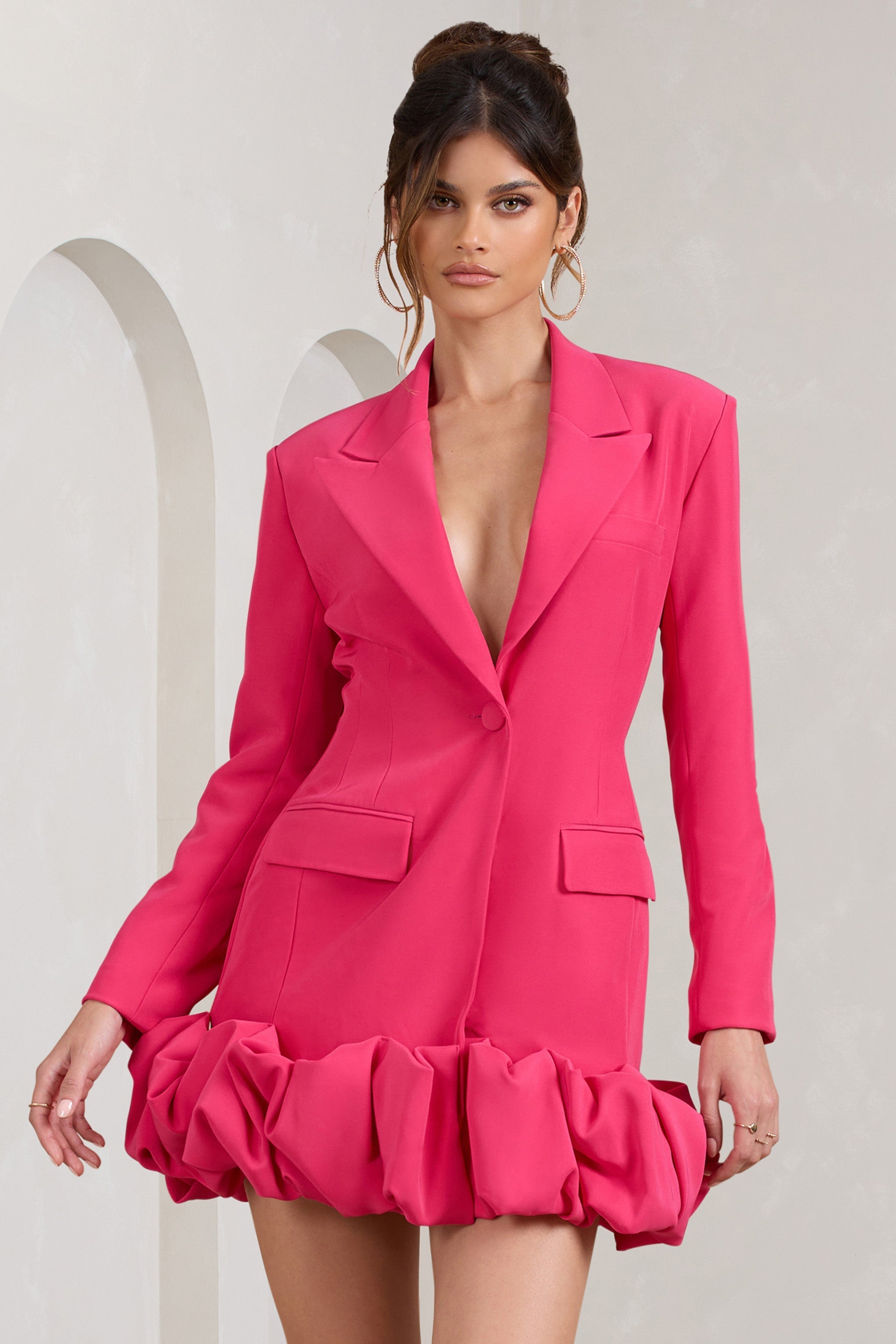 Cloud Catching Hot Pink Tailored Blazer Mini Dress With Ruffled Hem