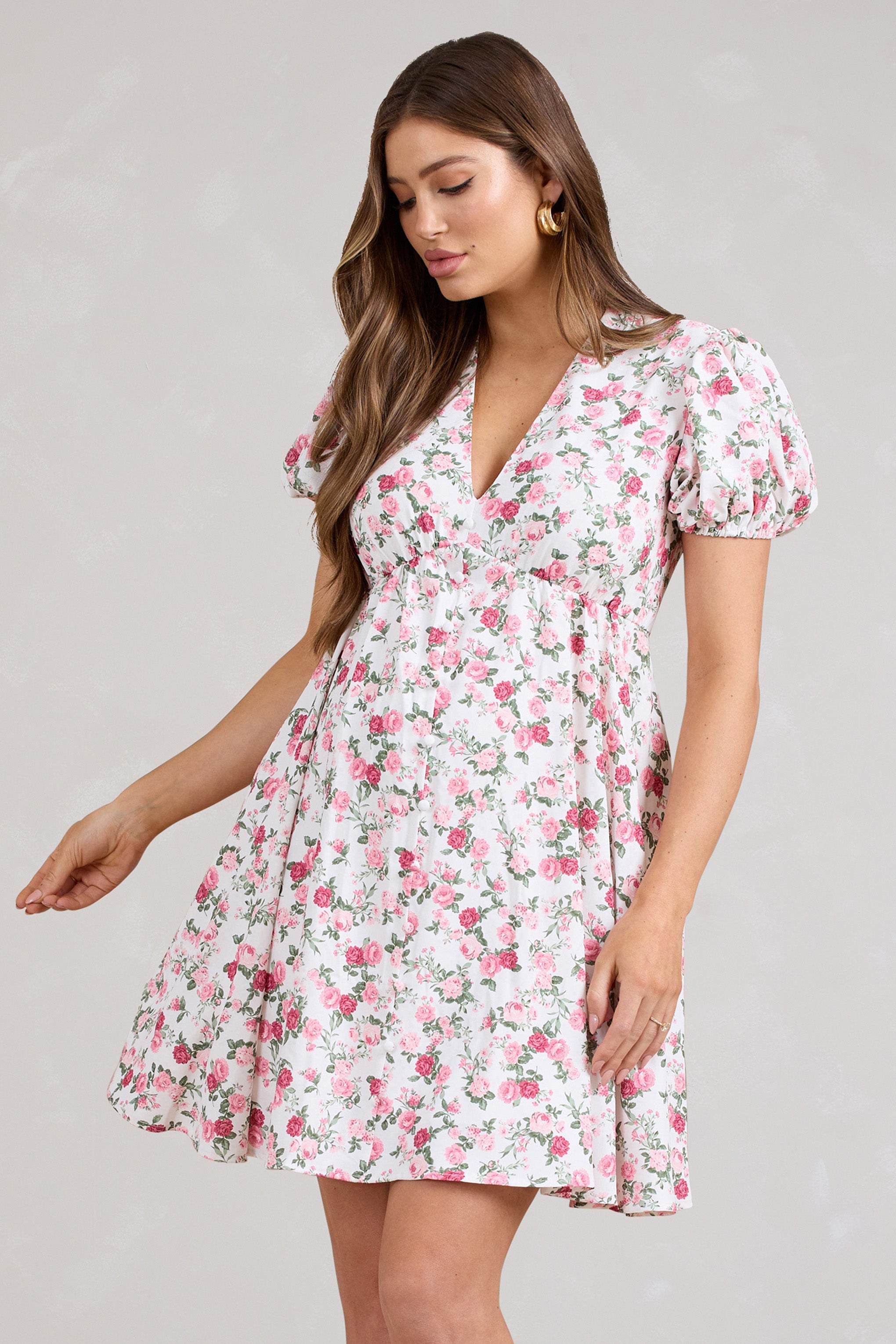 By The Cypress Pink Floral Maternity V-Neck Puff-Sleeved Buttoned Mini Dress