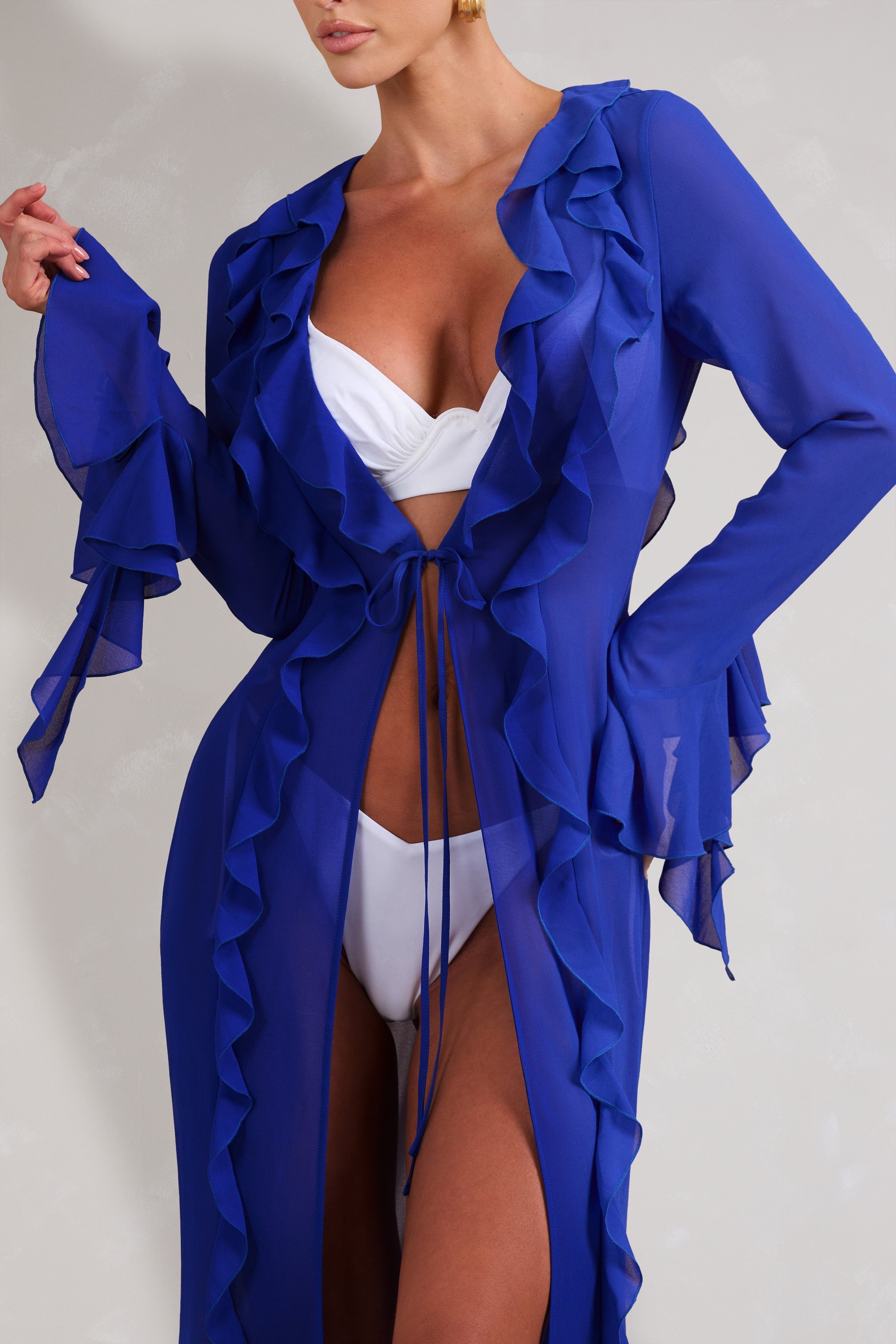 Cascades Blue Long Sleeve Maxi Chiffon Ruffle Cover Up