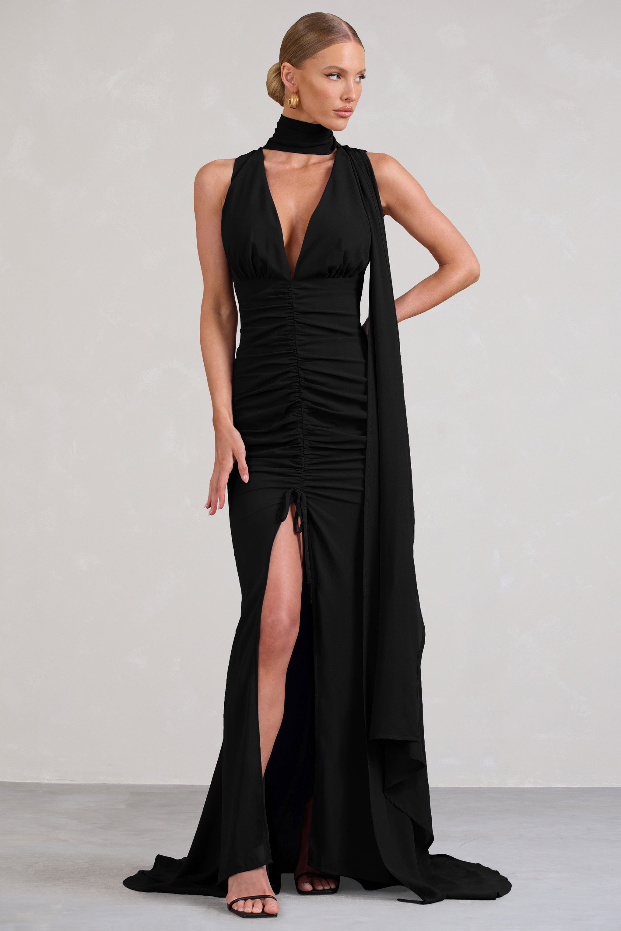 Whimsical Black Chiffon Plunge Fishtail Maxi Dress With Scarf Design