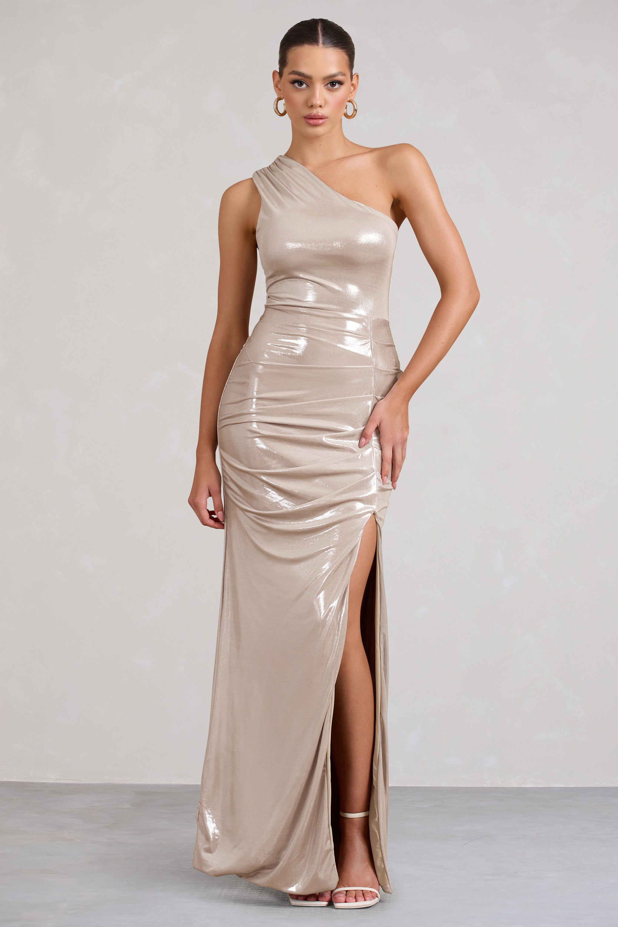 Sofie Gold One Shoulder Maxi Dress with Thigh Split