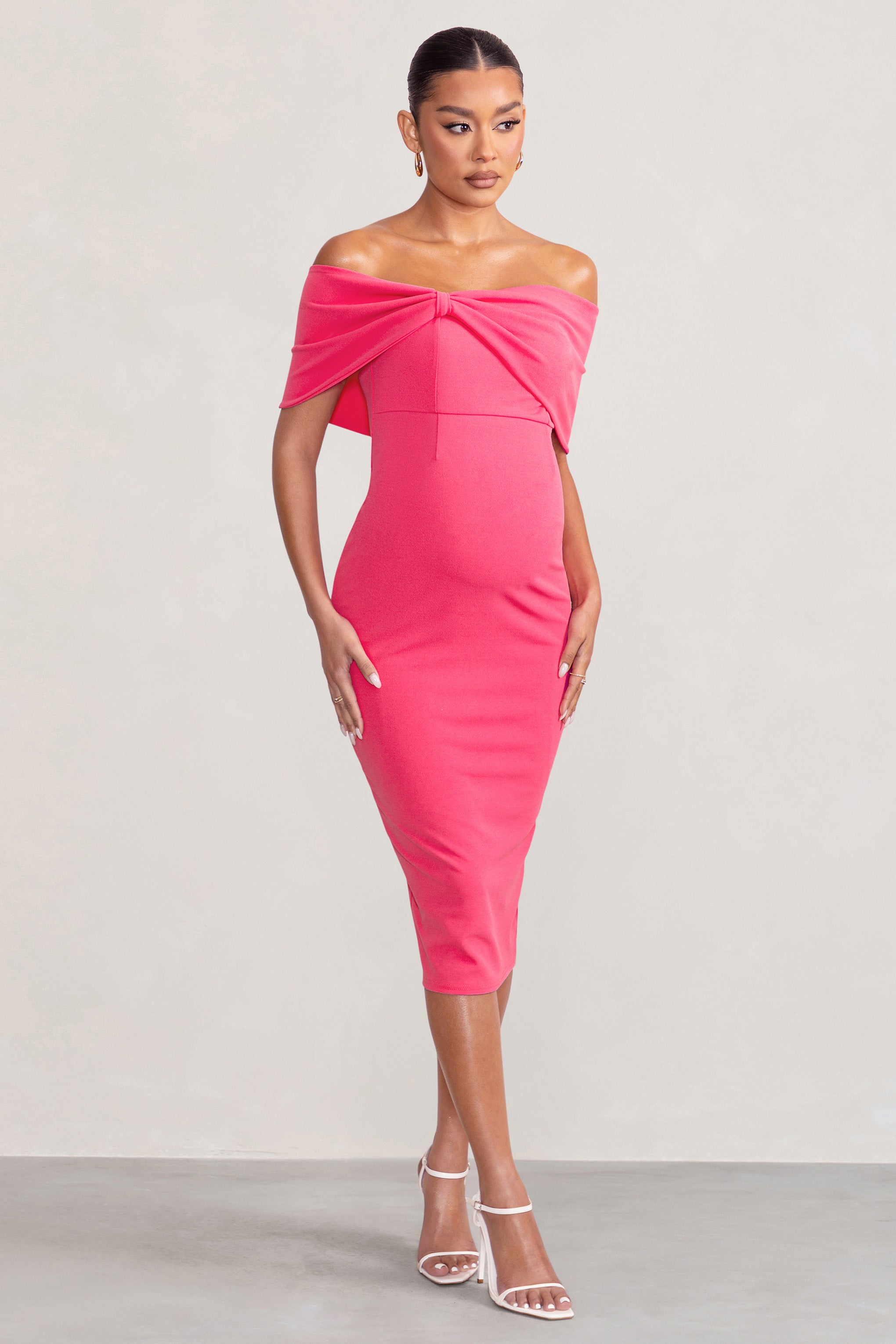 Alyssa Hot Pink Bardot Bow Maternity Midi Dress with Ruching