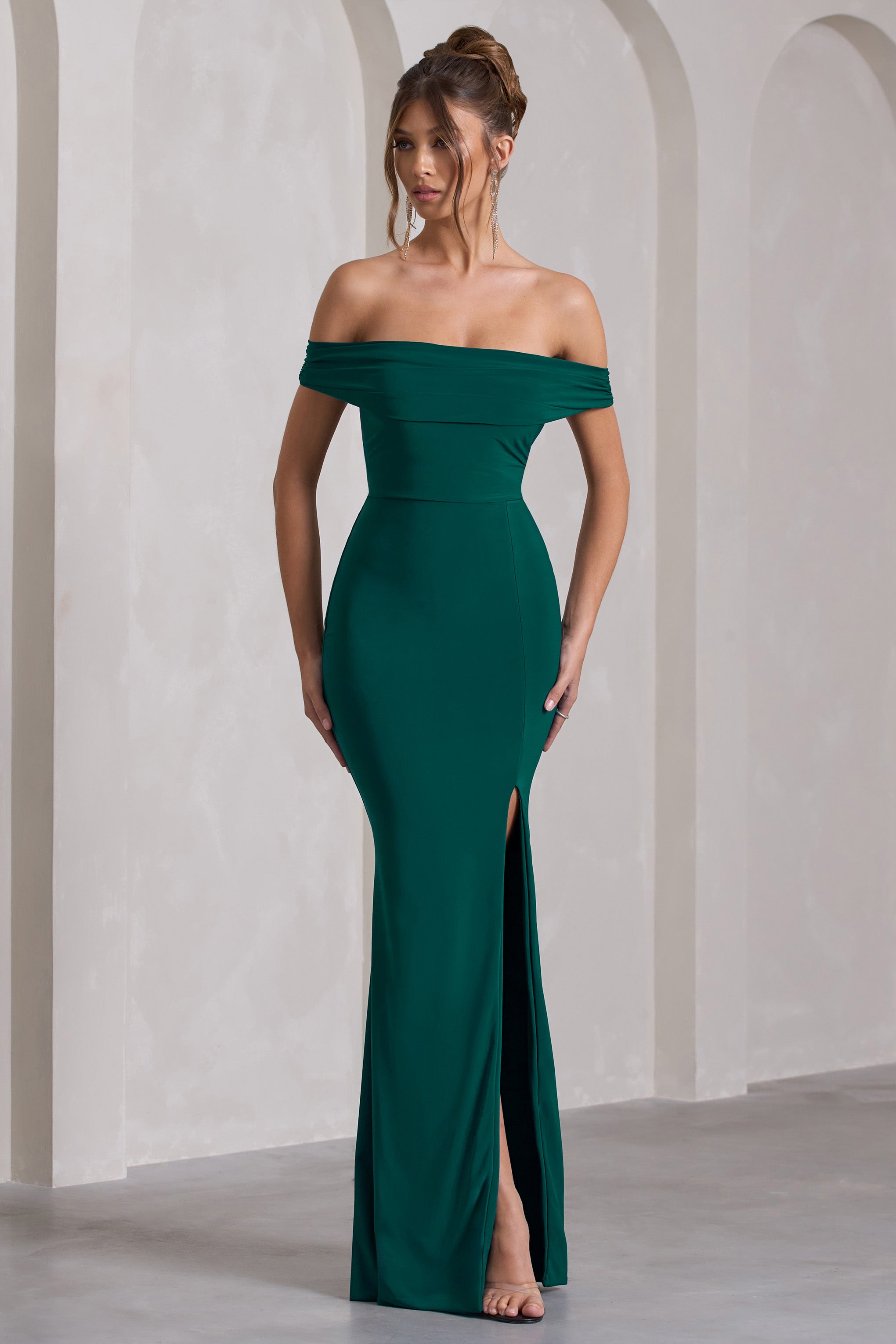 Law of Attraction Bottle Green Bardot Draped Split Maxi Dress