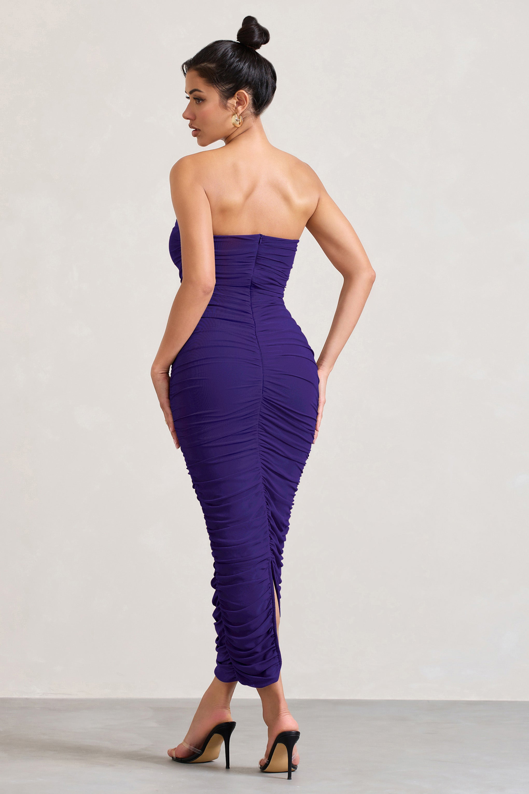 My Lady Purple Strapless Bodycon Ruched Mesh Maxi Dress