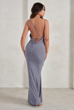 Corinne Grey Asymmetric Cowl Neck Backless Maxi Dress