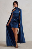 Laurelie Navy Satin Statement Cape Design Mini Dress