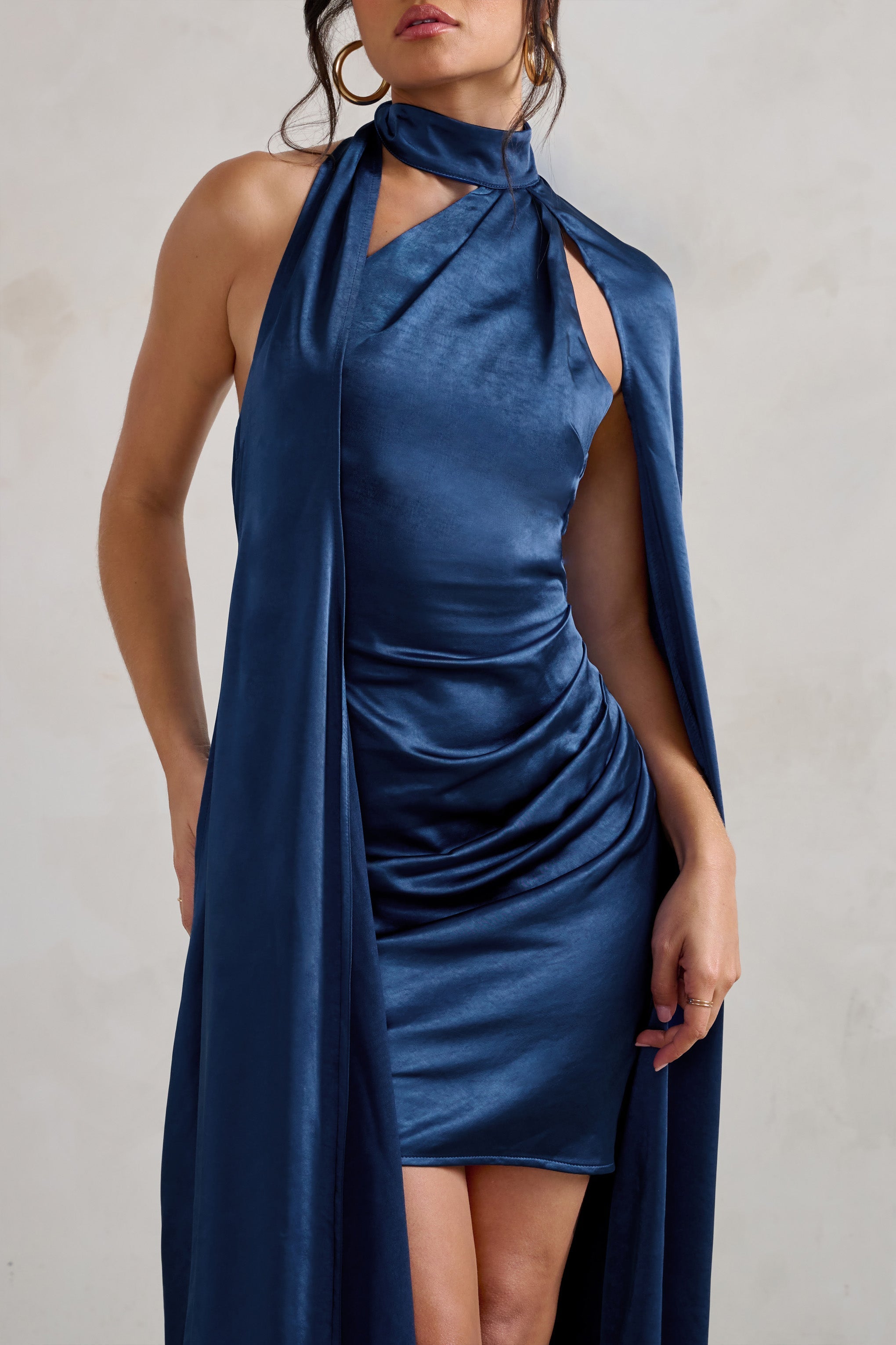 Laurelie Navy Satin Statement Cape Design Mini Dress