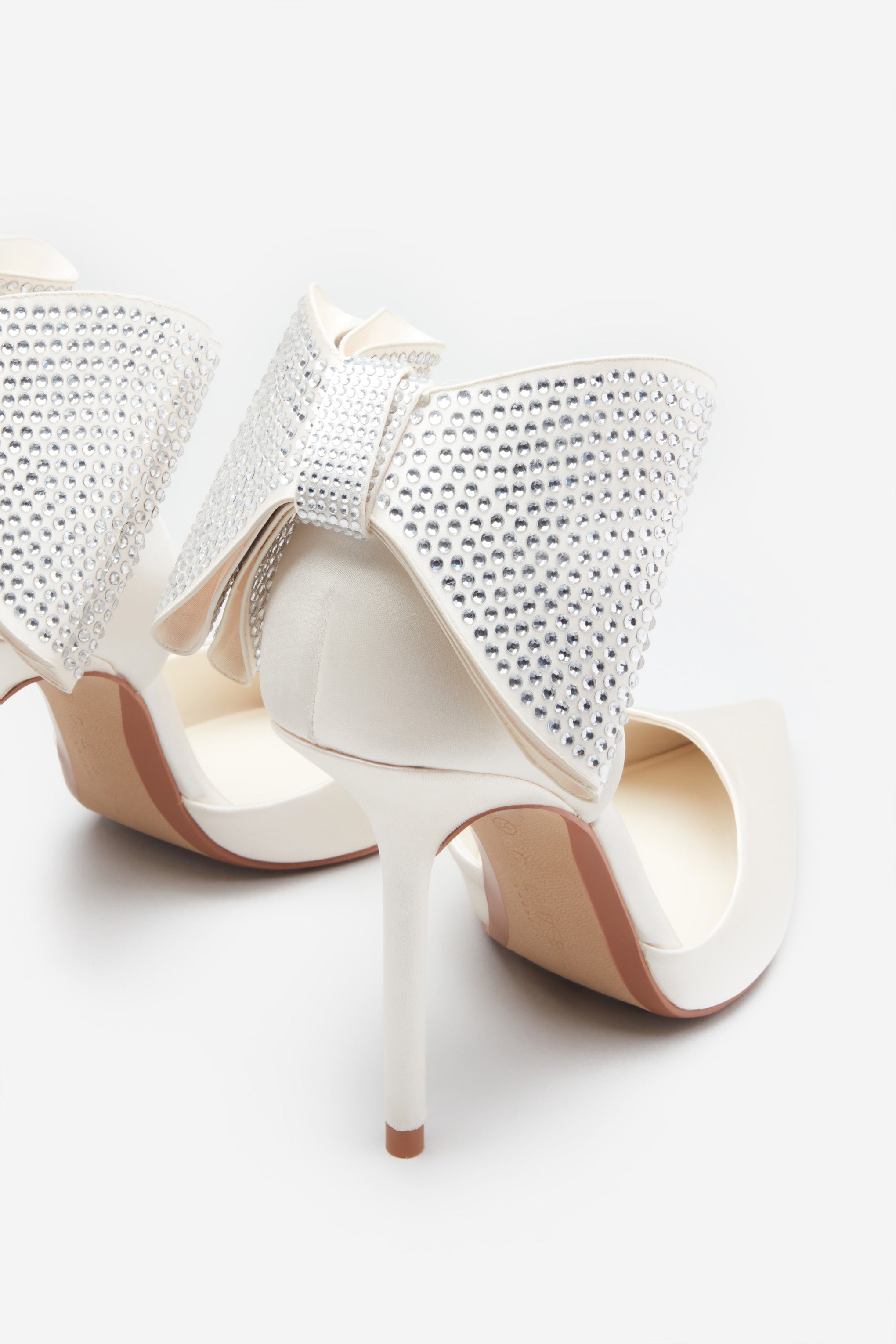 Flashing Lights Ivory Satin Pointed Court Heels With Diamante Bows