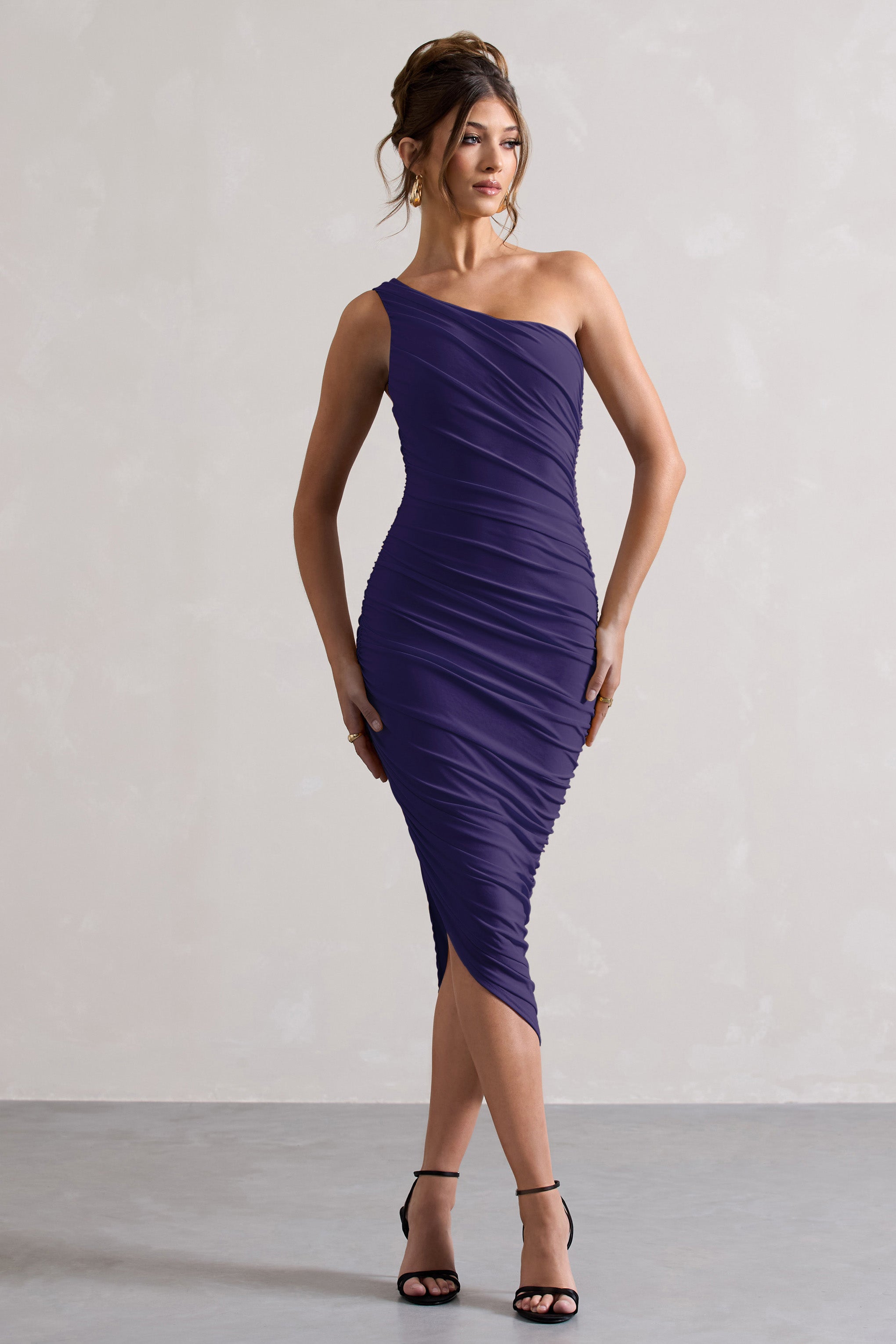 Dorit Purple One Shoulder Asymmetric Ruched Midi Dress
