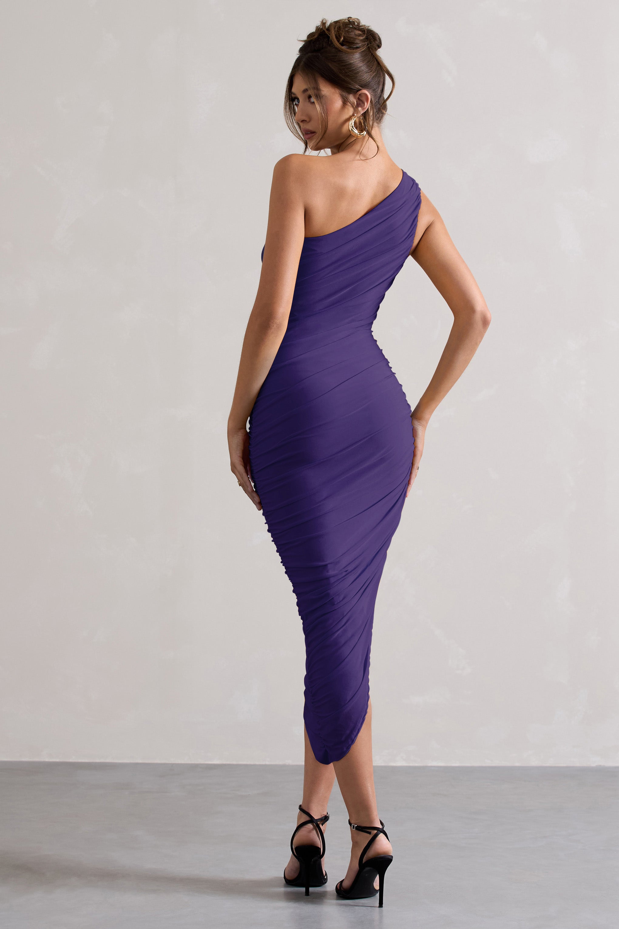 Dorit Purple One Shoulder Asymmetric Ruched Midi Dress