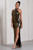 Star Quality Gold Metallic Halter-Neck Open-Back Split Maxi Dress