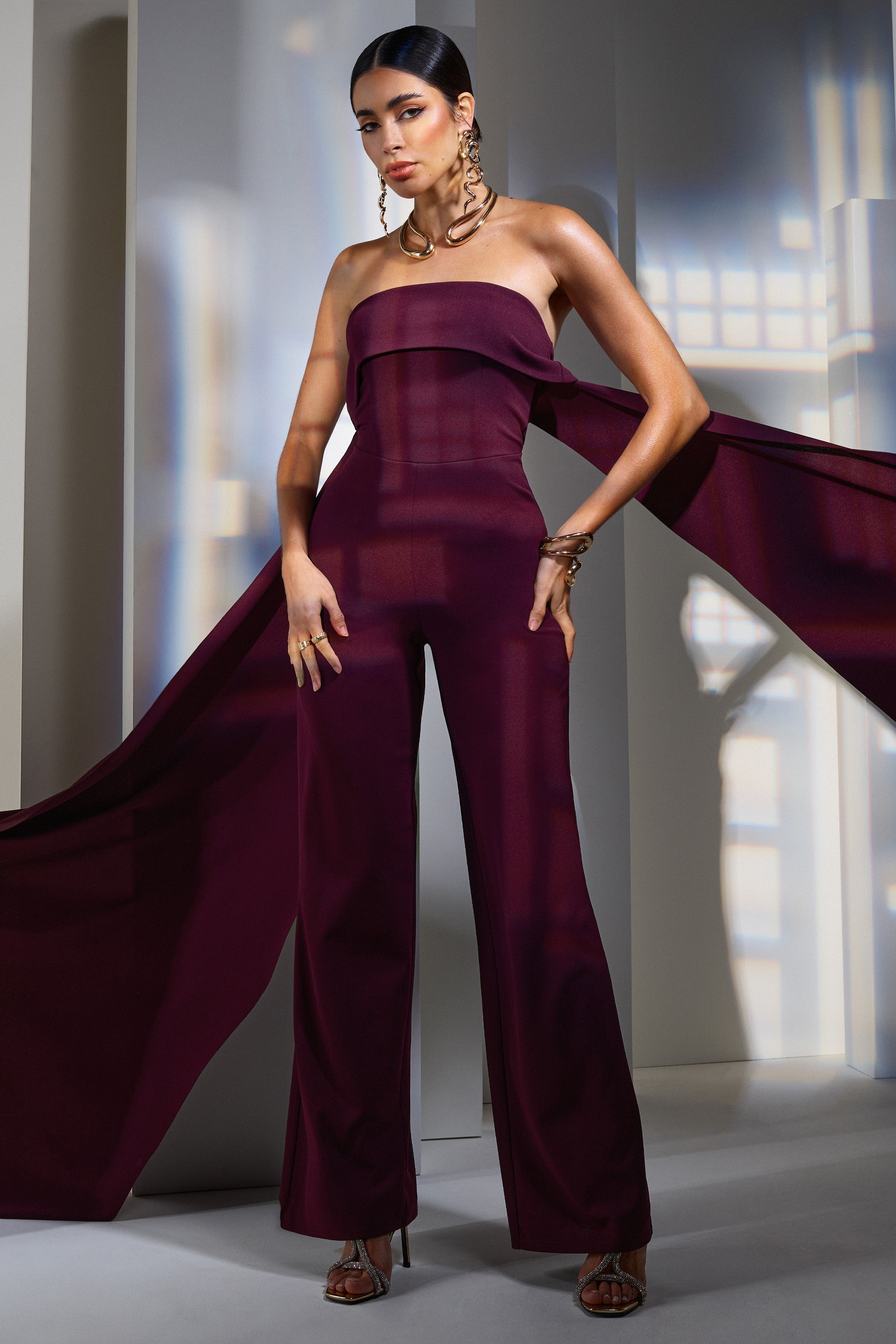Amaya Dark Plum Bandeau Wide-Leg Jumpsuit With Cape