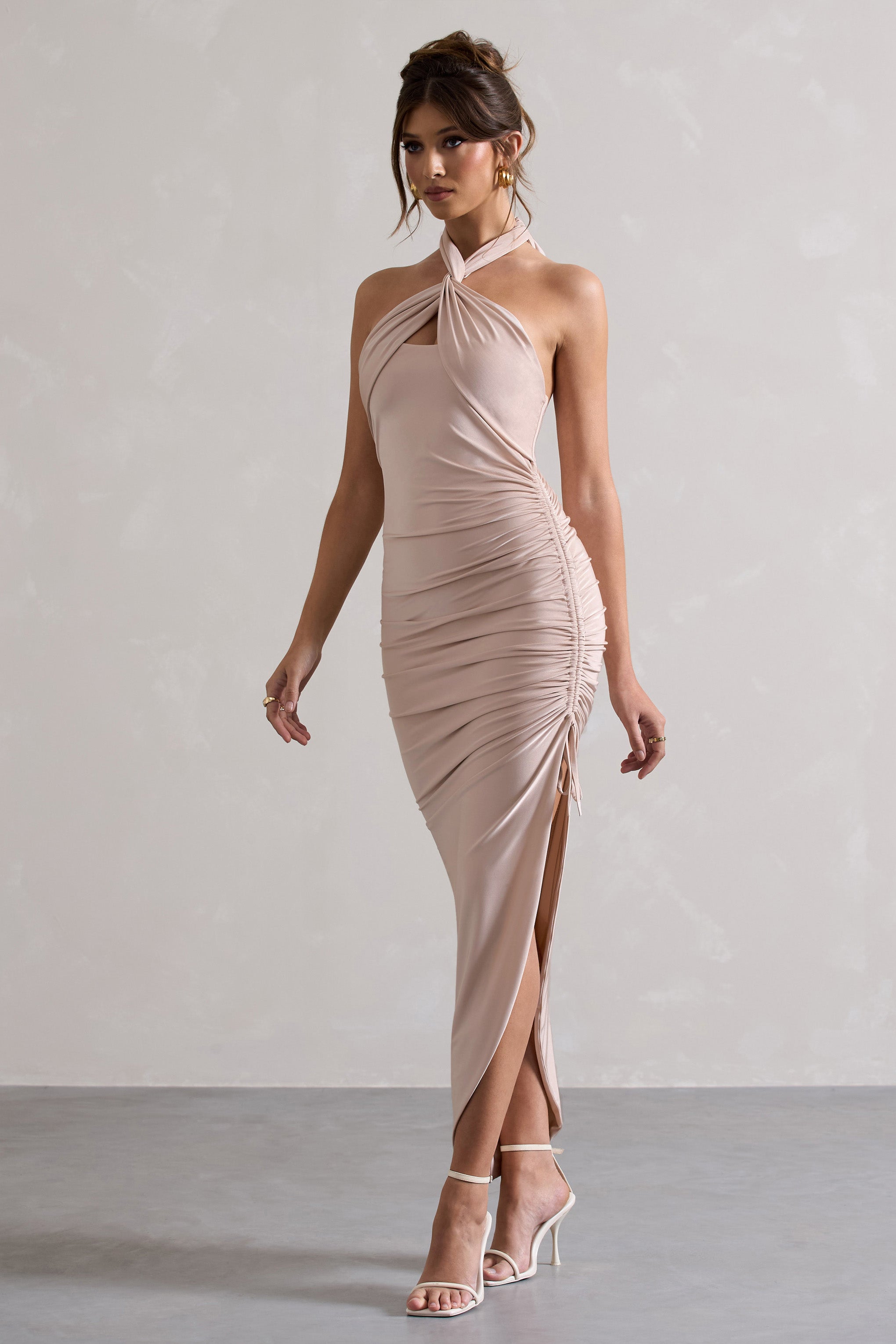 Jaiya Champagne Ruched Halter-Neck Asymmetric Maxi Dress