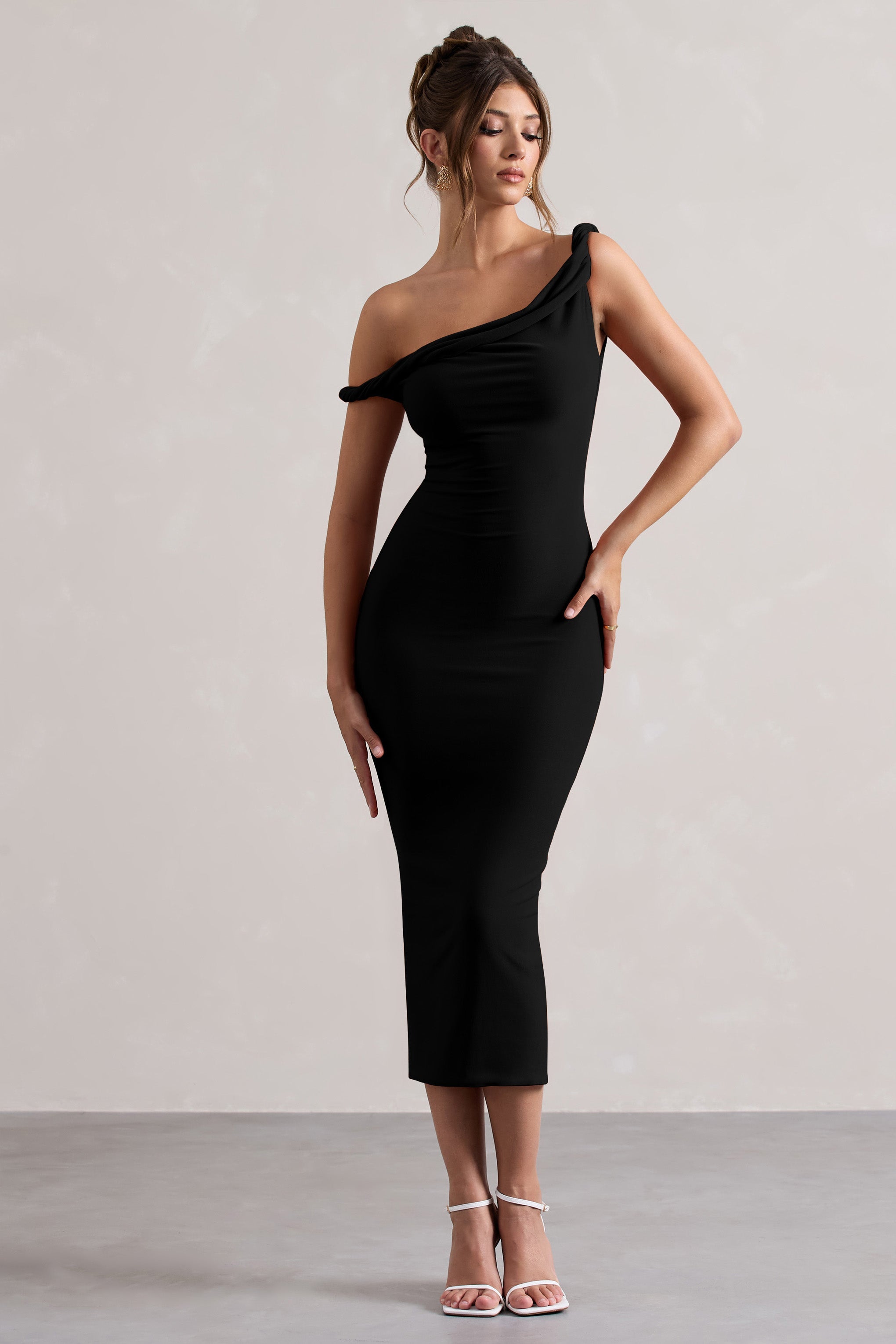 Salome Black Twisted Asymmetric Midi Dress