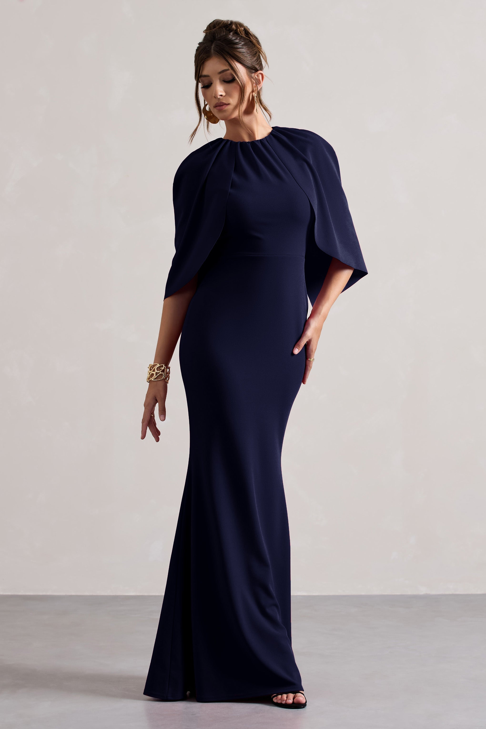 Kianne Navy Draped Short-Sleeve Maxi Dress