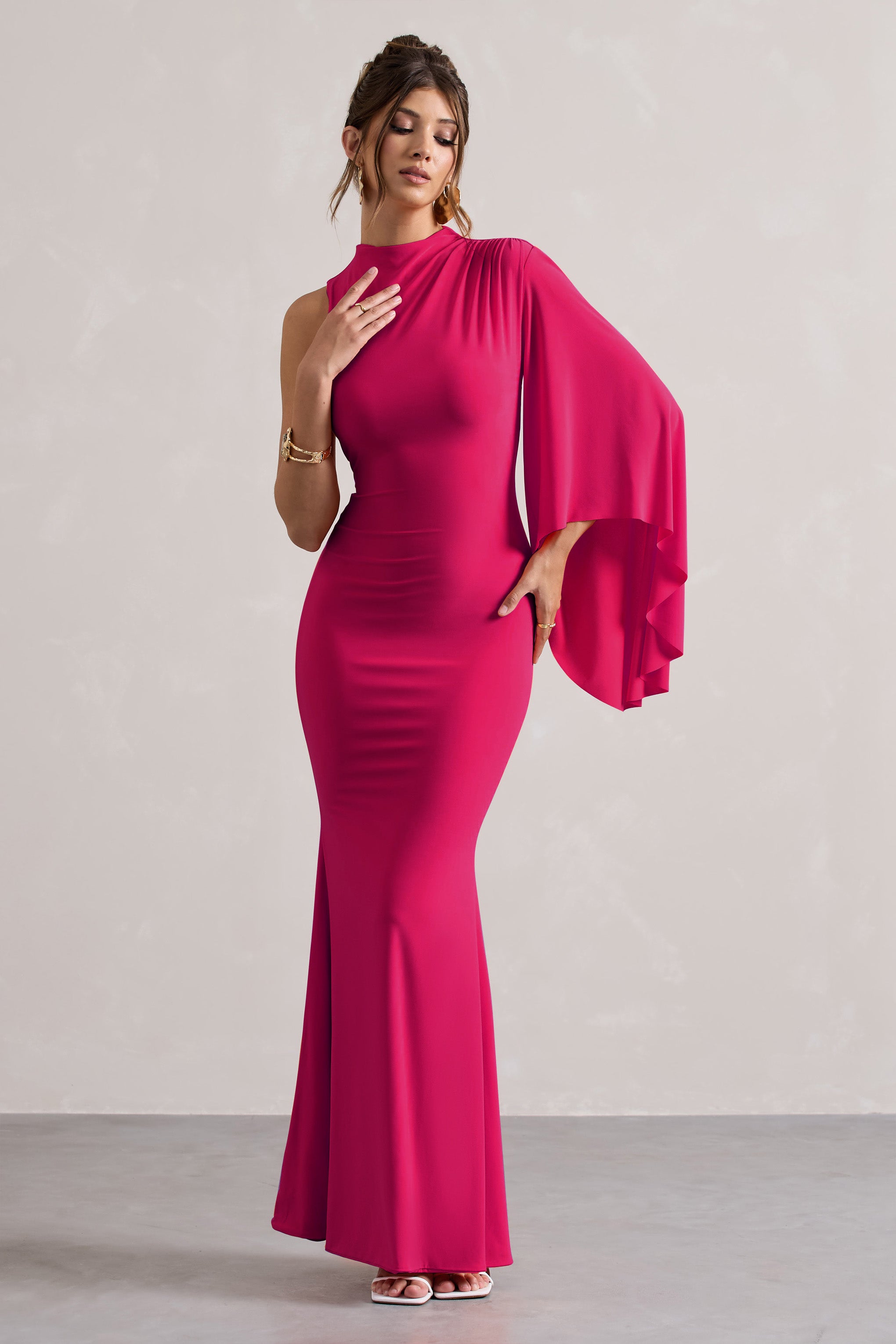 Samaya Pink High-Neck Cape-Sleeve Maxi Dress