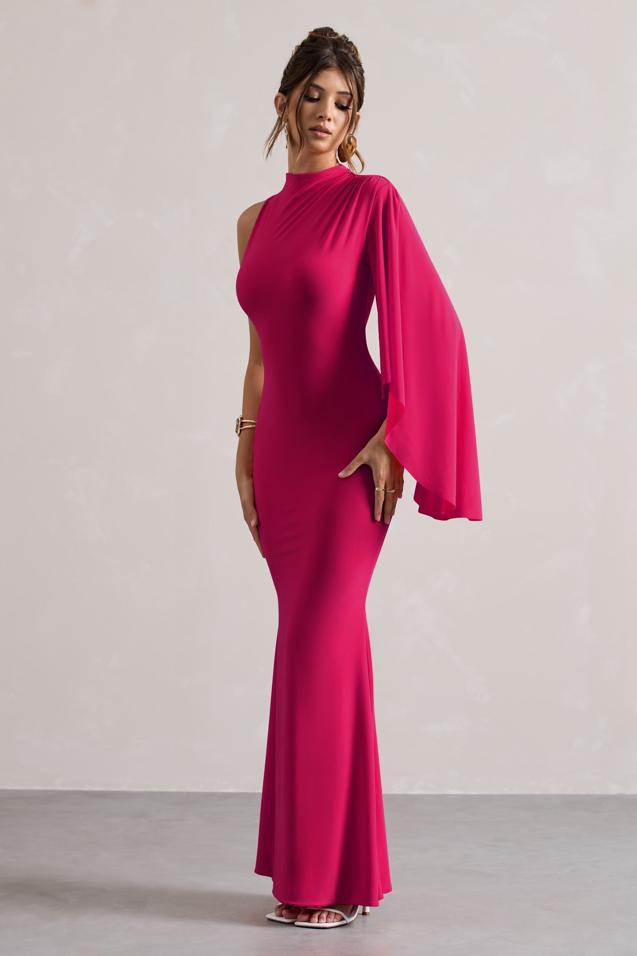 Samaya Pink High-Neck Cape-Sleeve Maxi Dress