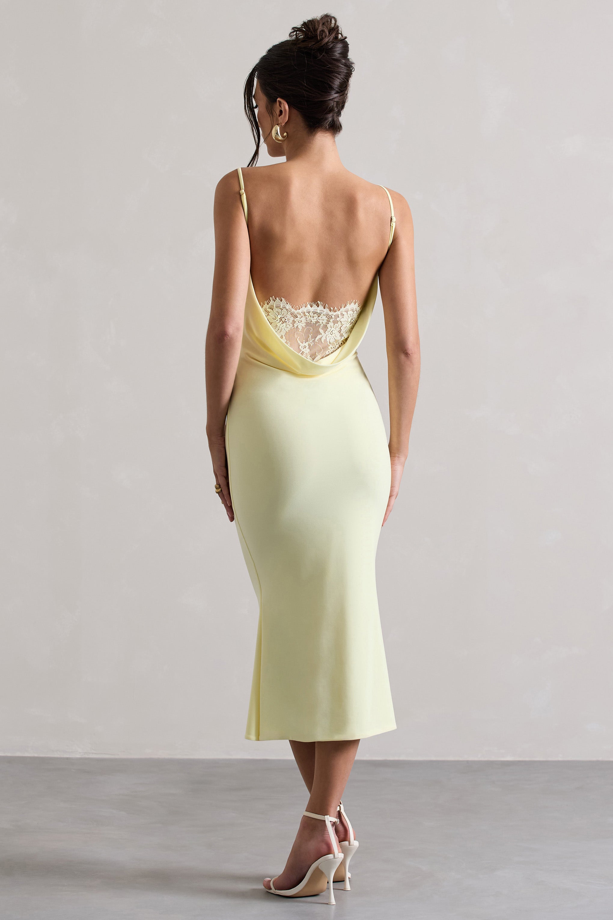 Addison Lemon Cowl-Neck Open-Back Midi Dress With Lace