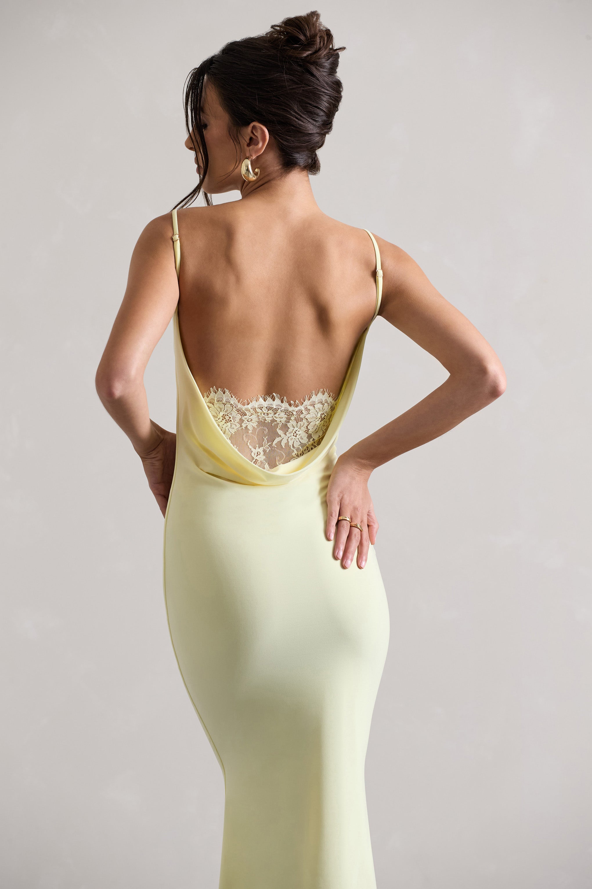 Addison Lemon Cowl-Neck Open-Back Midi Dress With Lace