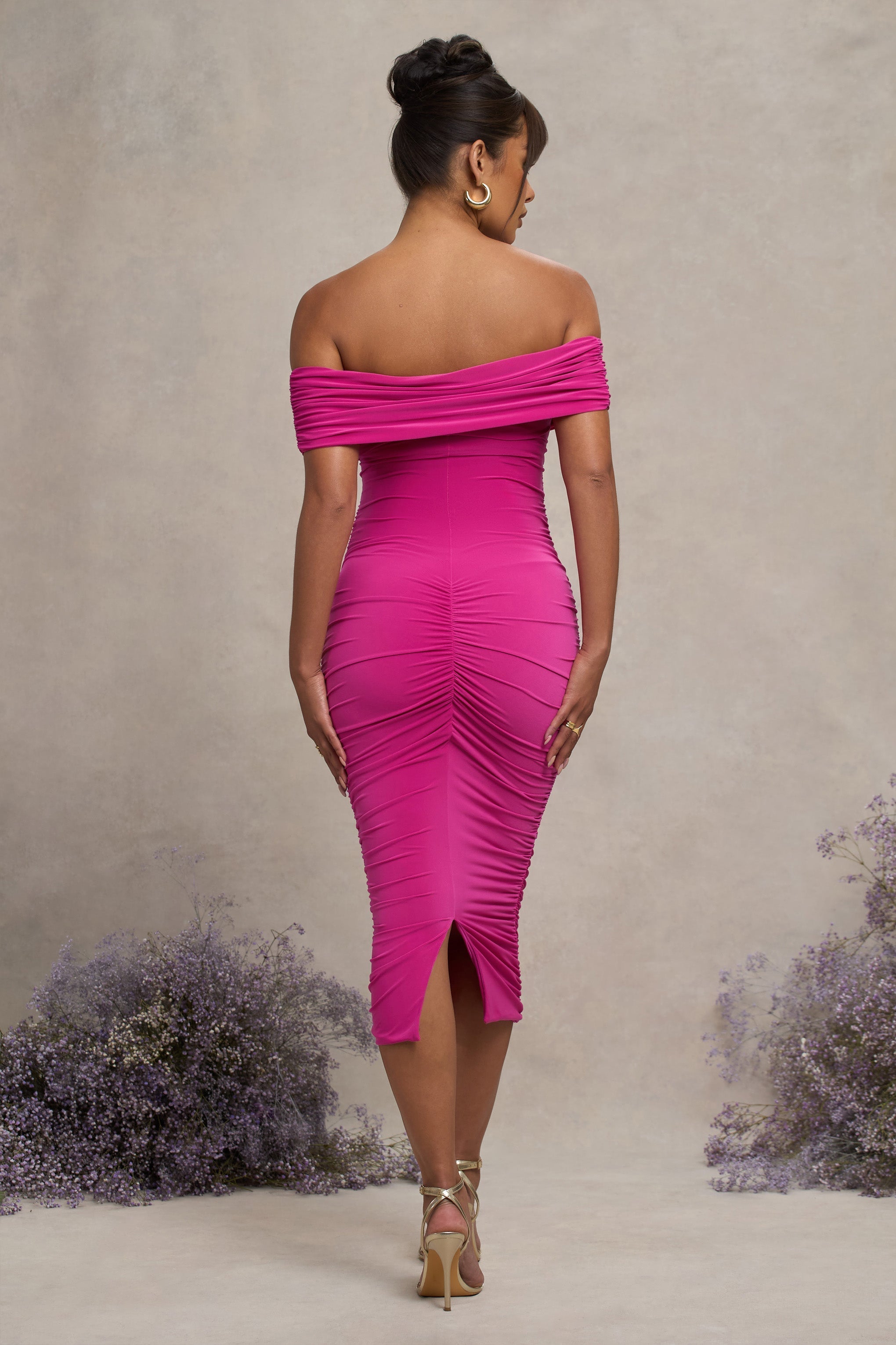 Unwrapped Dark Pink Ruched Twist Bardot Maternity Midi Dress