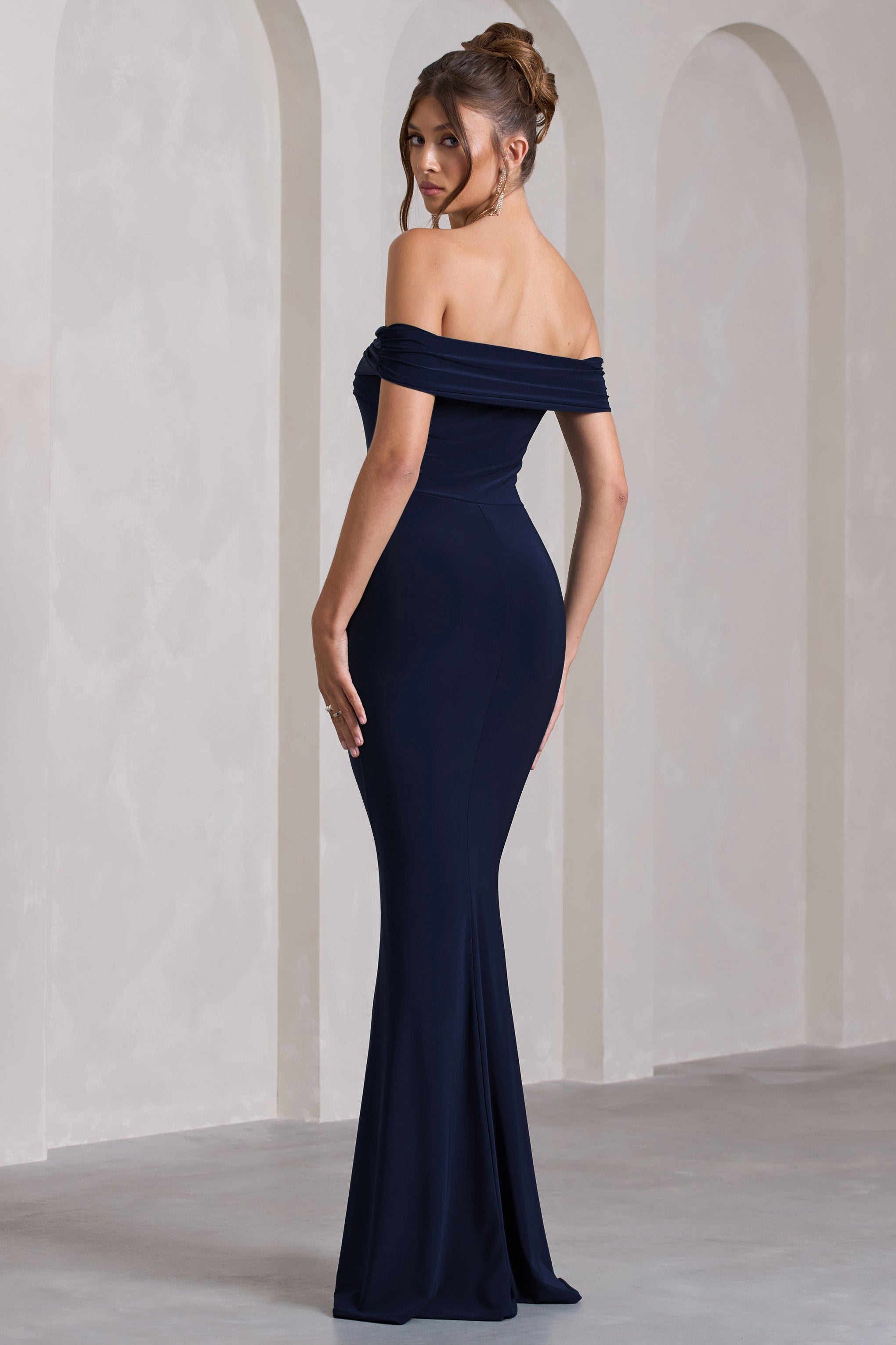 Law of Attraction Navy Bardot Draped Split Maxi Dress