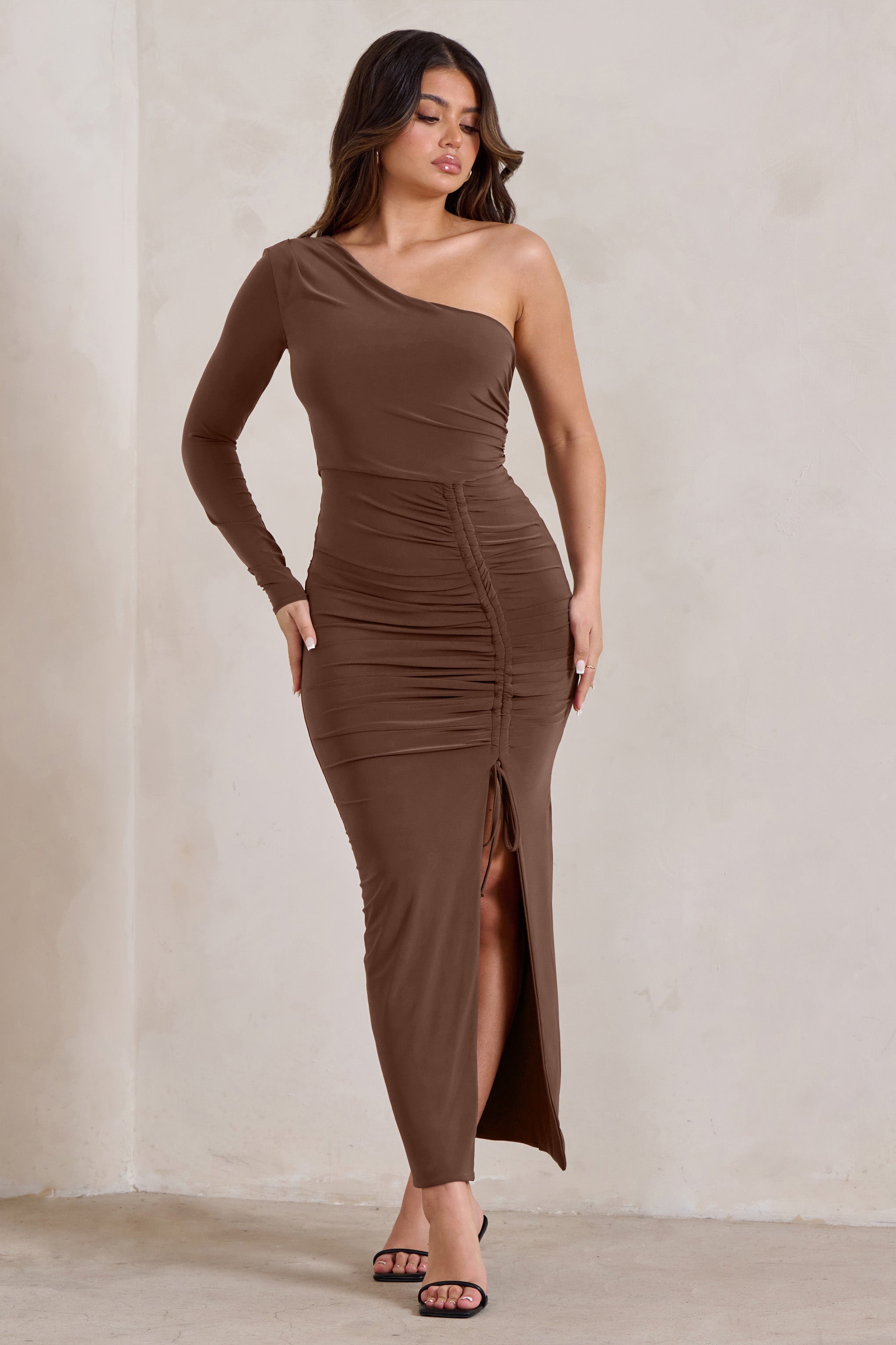 Mystical Chocolate Brown One Shoulder Maxi Dress With Side Split