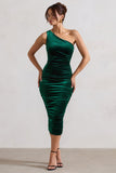 Back For More Bottle Green Velvet One Shoulder Ruched Midi Dress