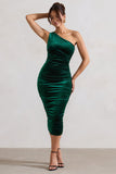Back For More Bottle Green Velvet One Shoulder Ruched Midi Dress
